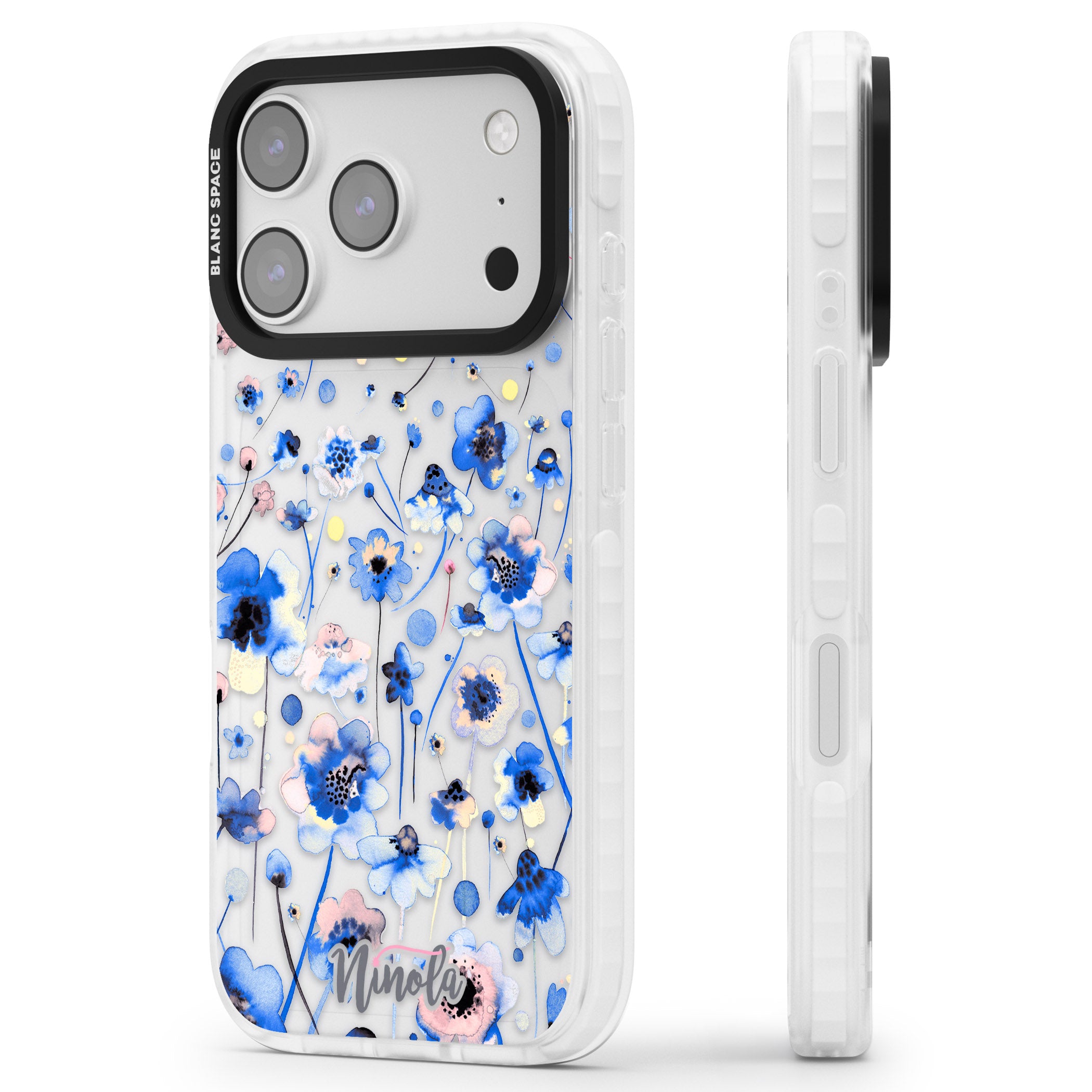 Ink Flowers Blue iPhone 17 Pro Impact Clear Phone Case Side Profile