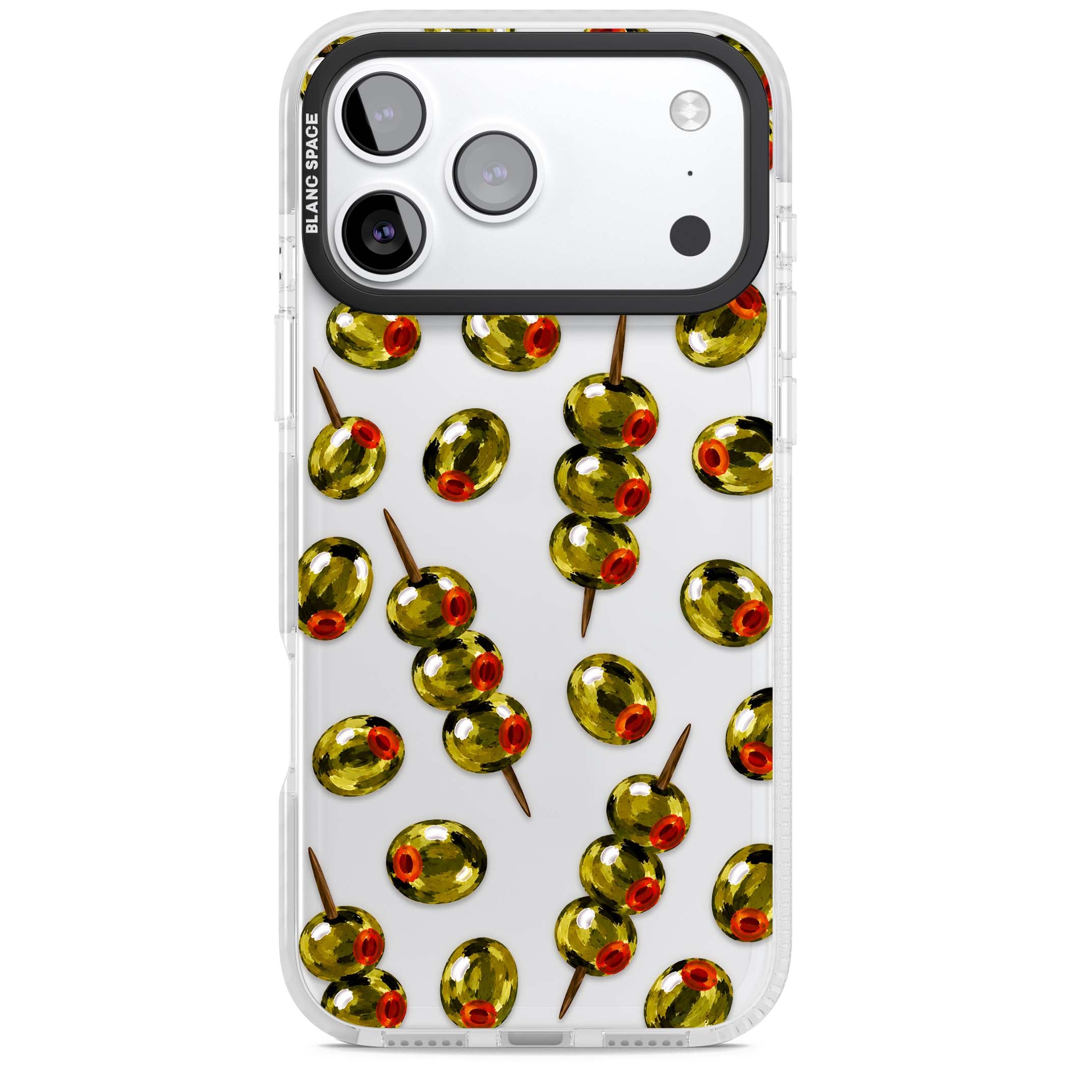 Painted Olives cocktail iPhone case featuring green olives, pimento centres and toothpick skewers on a clear background | Black Impact case for iPhone 17 Pro, iPhone 17 Pro Max