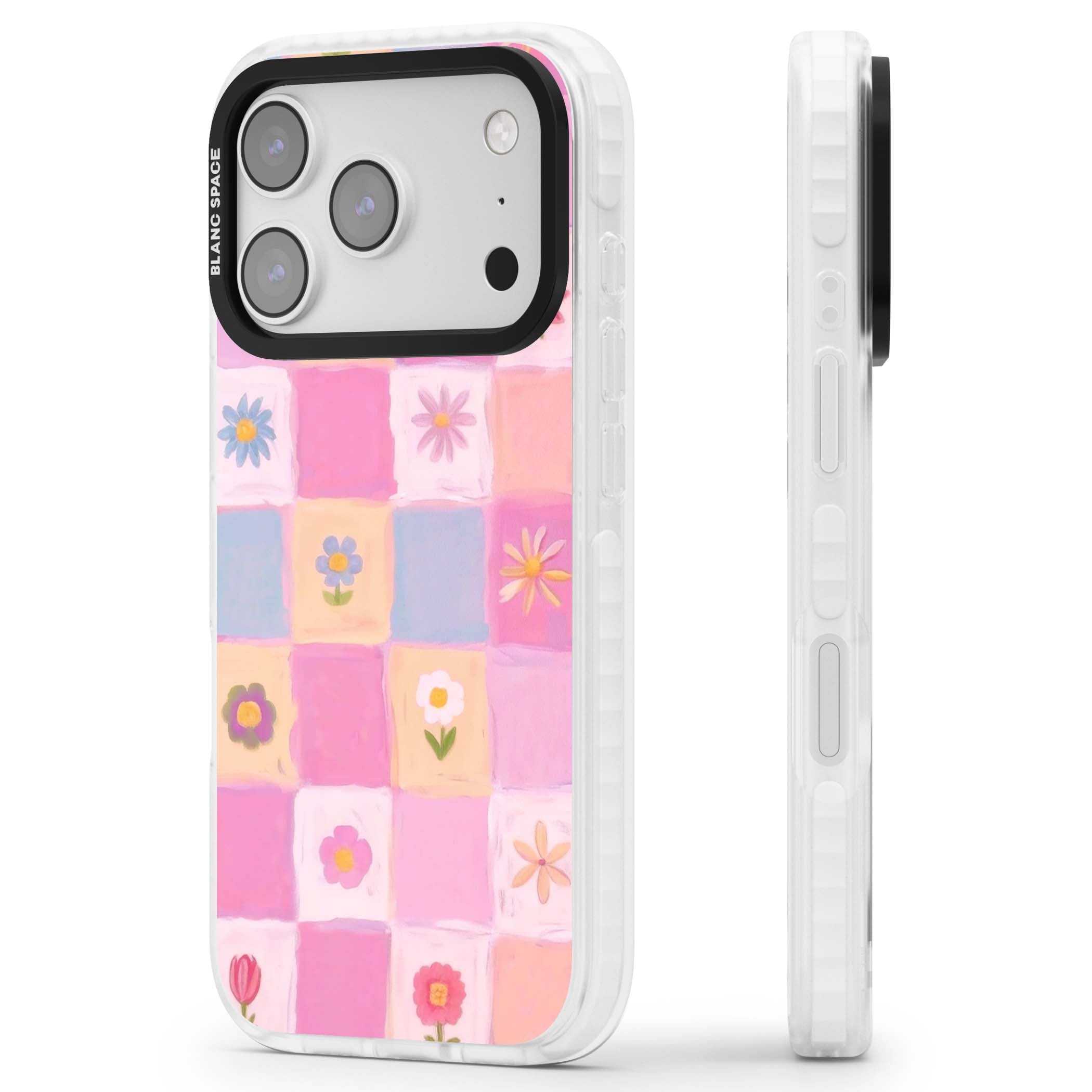 Pastel Flower Patchwork cottagecore iPhone case featuring painted pink and lilac squares with daisies and wildflowers | Black Impact case for iPhone 17 Pro, iPhone 17 Pro Max