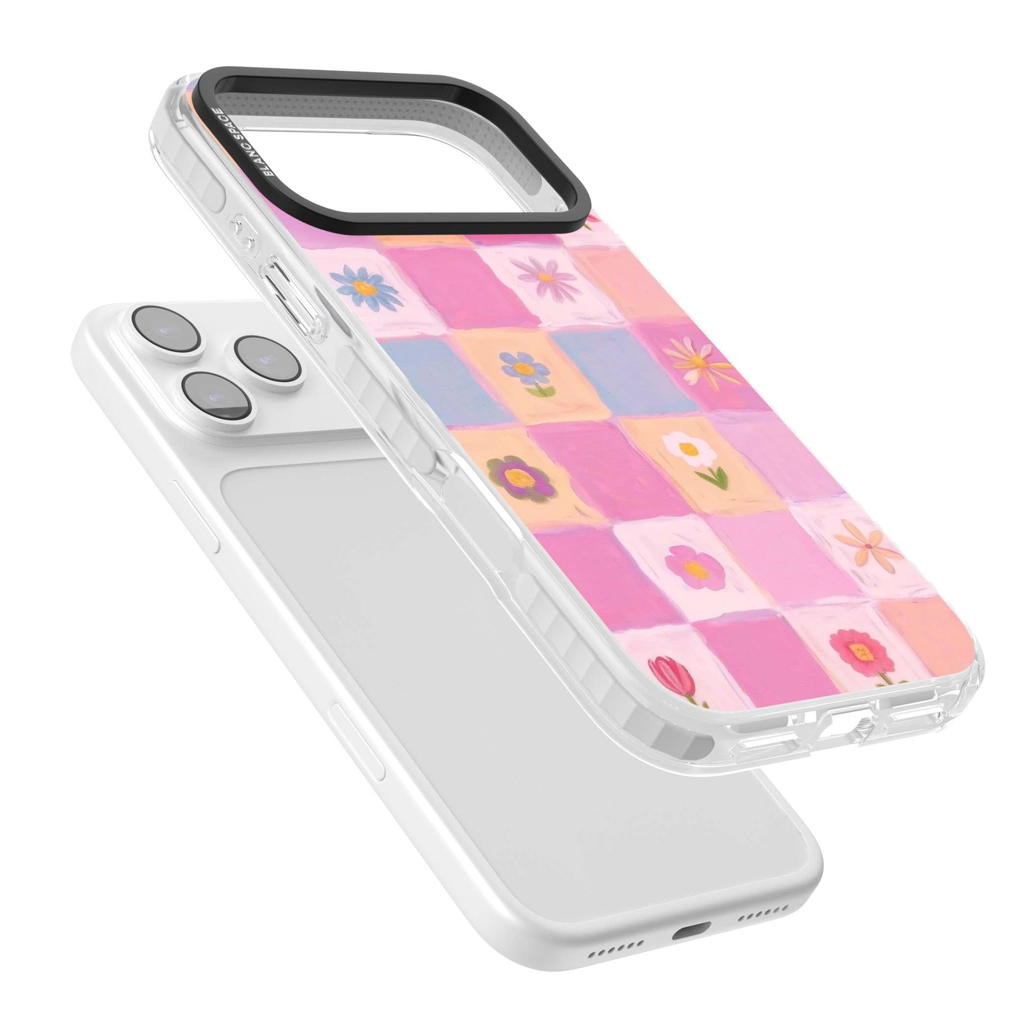 Pastel Flower Patchwork cottagecore iPhone case featuring painted pink and lilac squares with daisies and wildflowers | Black Impact case for iPhone 17 Pro, iPhone 17 Pro Max