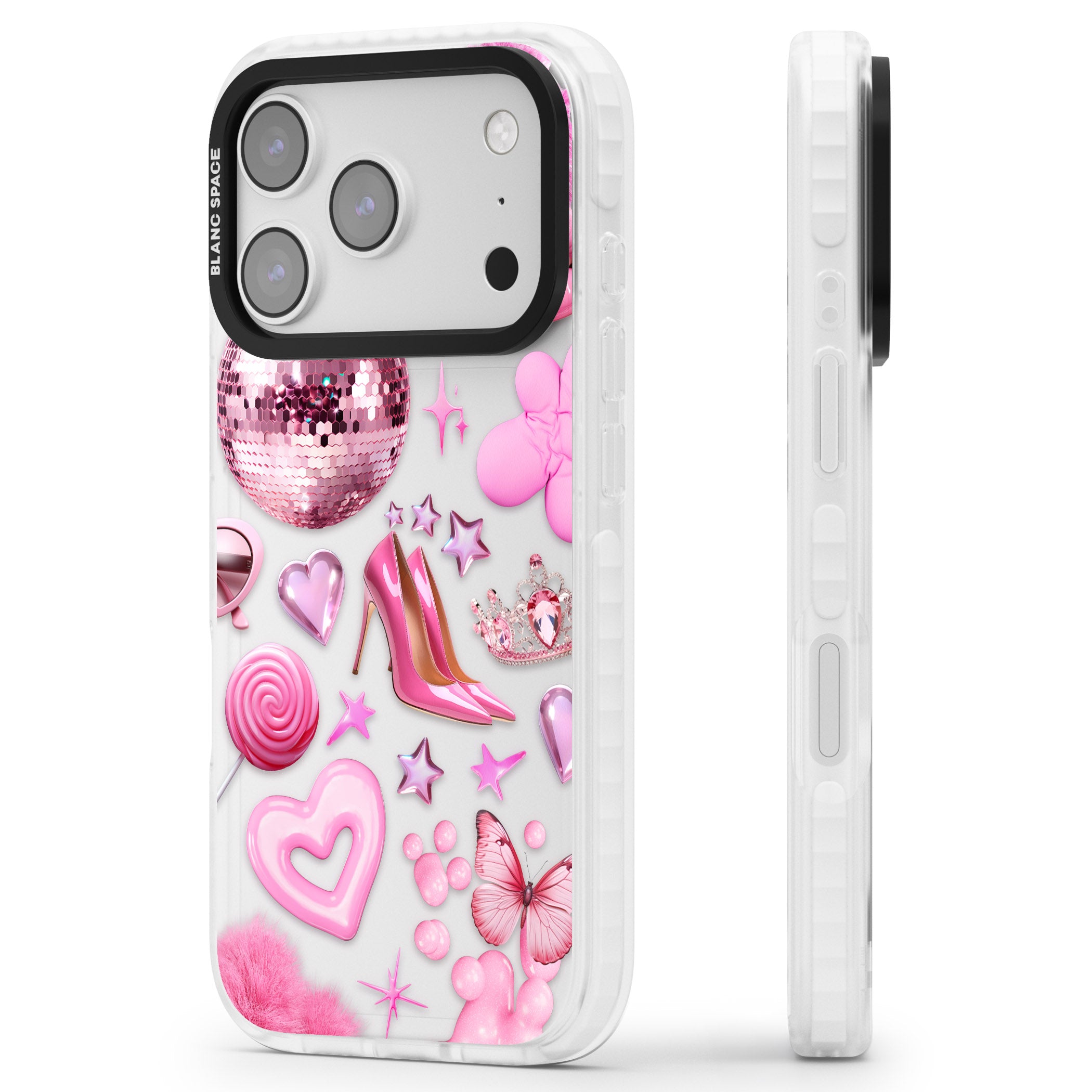Pink Glam iPhone 17 Pro Impact Clear Phone Case Side Profile