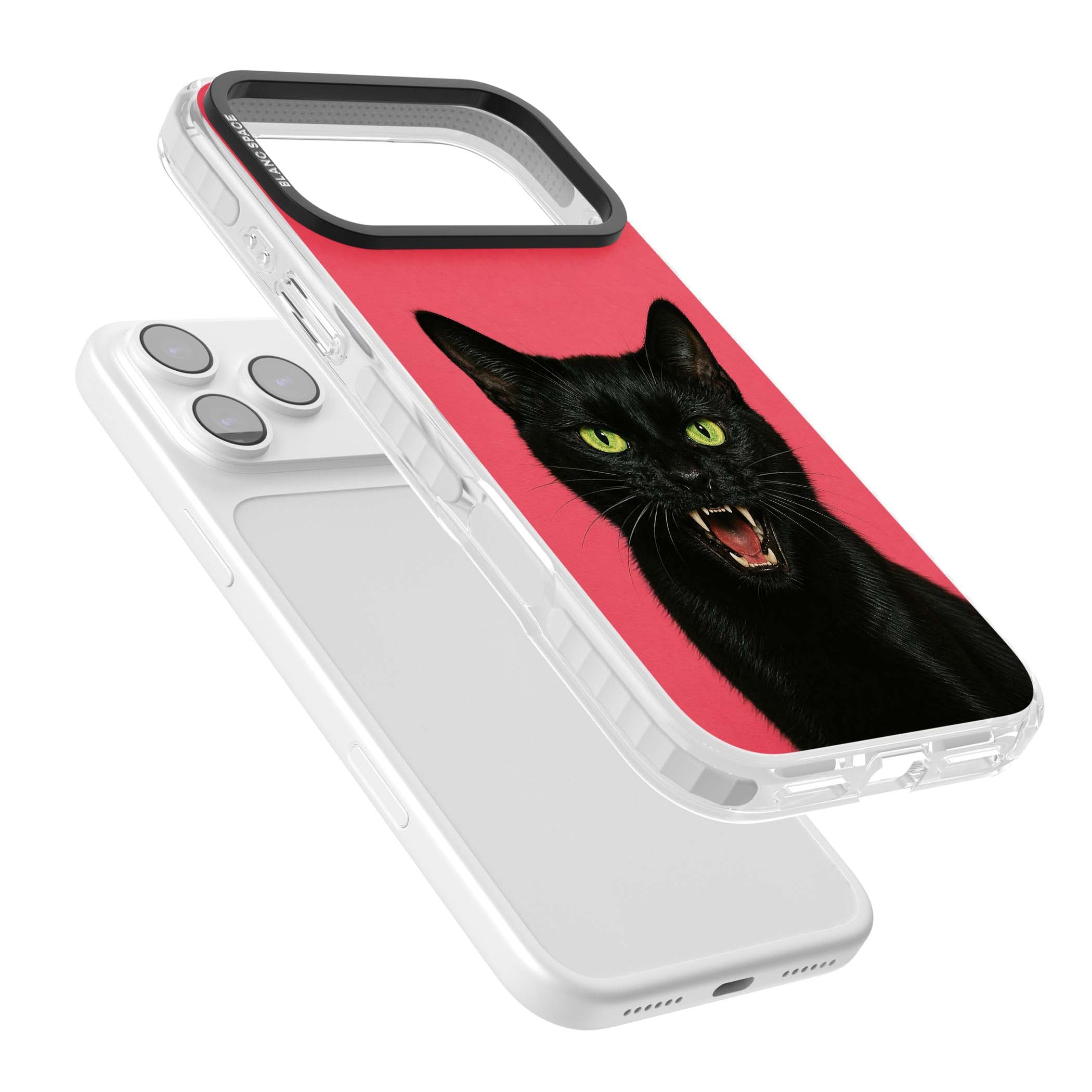 Hissin' Baddie black cat iPhone case featuring a hissing feline with green eyes on a hot pink background | Black Impact case for iPhone 17 Pro, iPhone 17 Pro Max