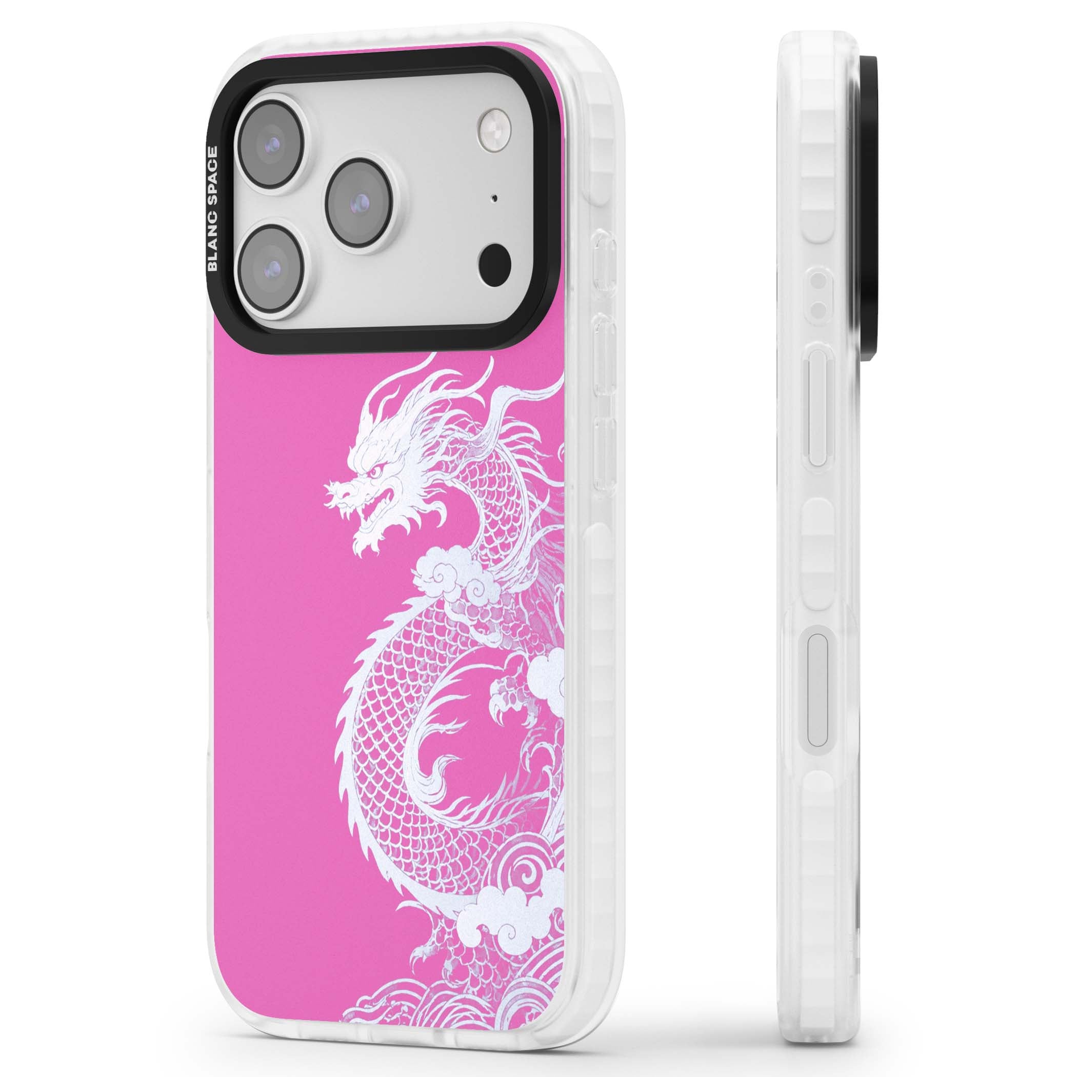 Pink Empress chinese dragon iPhone case featuring a white dragon, swirling clouds and pink dragon wallpaper backdrop | Black Impact case for iPhone 17 Pro, iPhone 17 Pro Max