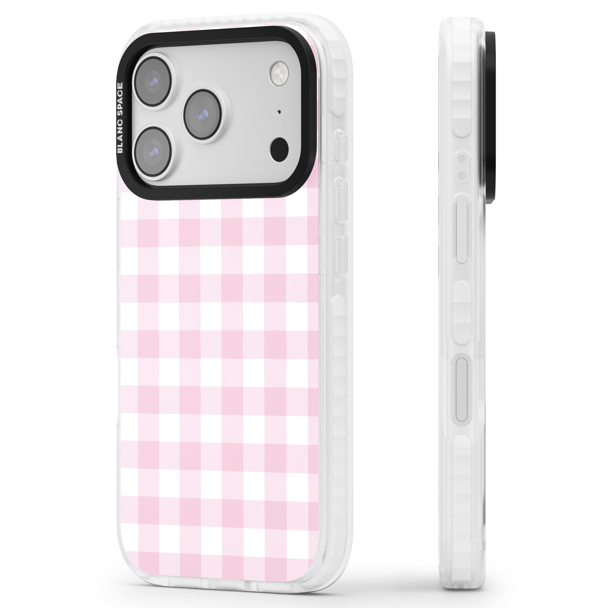 Pink Gingham Pattern iPhone 17 Pro Max Impact Clear Phone Case Side Profile