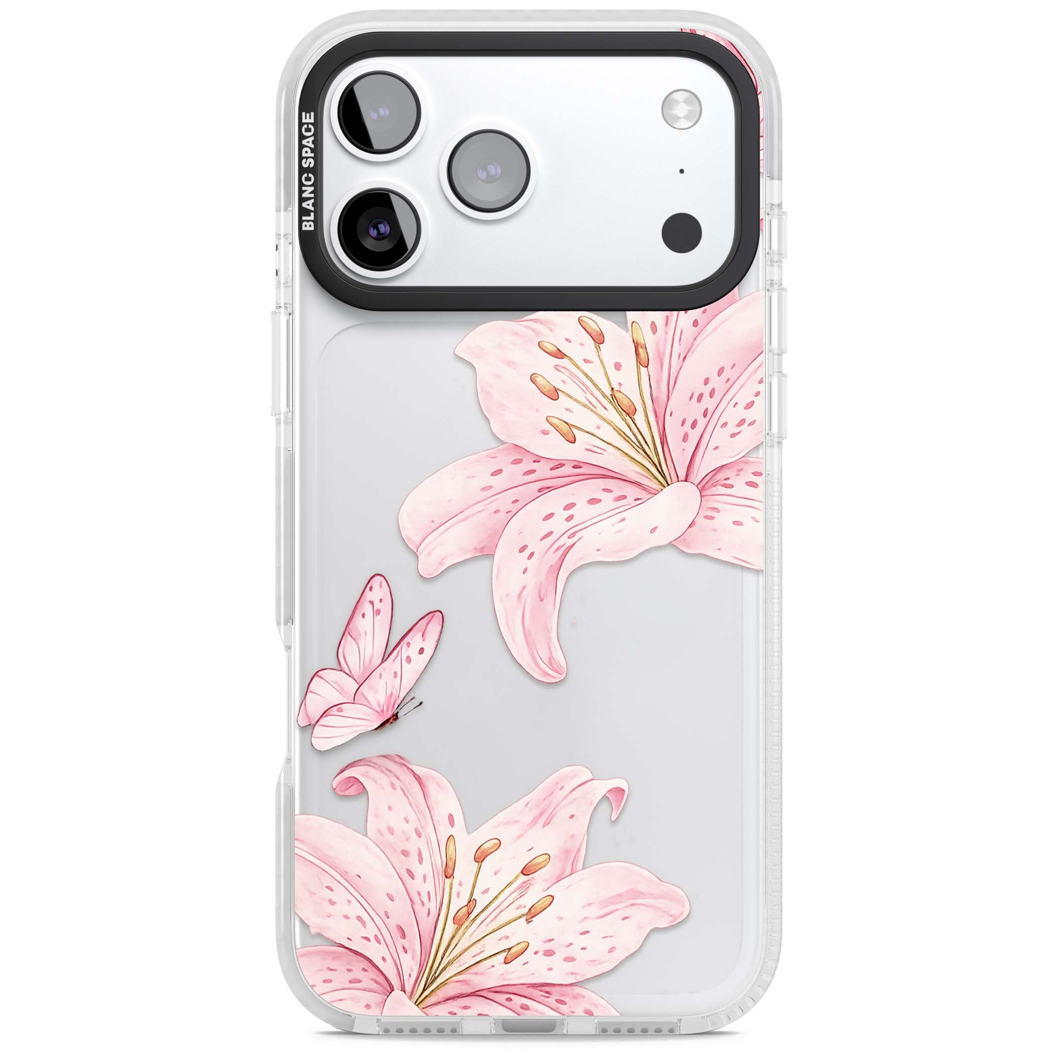 Lily Whisper floral iPhone case featuring pink watercolour lilies and delicate butterflies on a clear background | Black Impact case for iPhone 17 Pro, iPhone 17 Pro Max