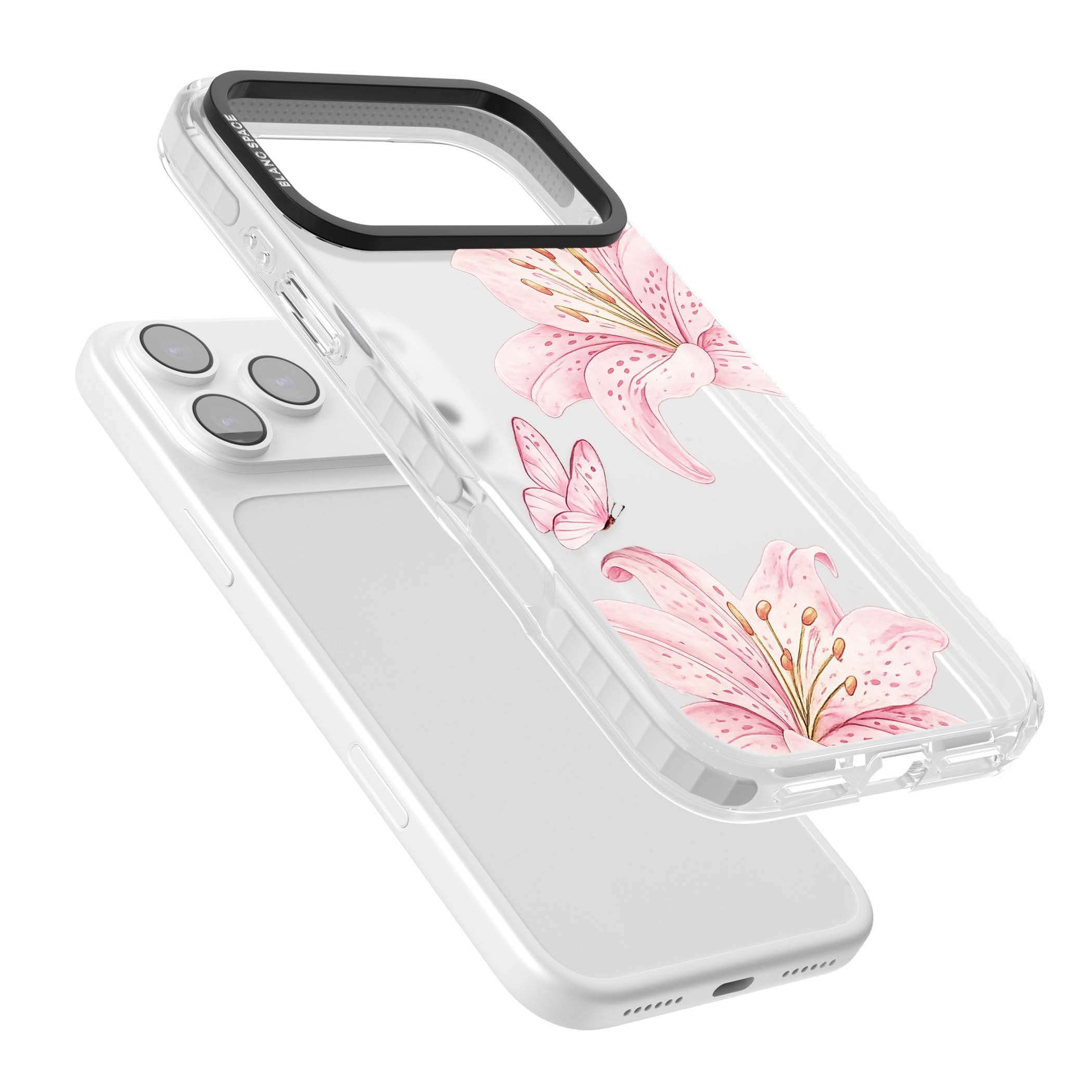 Lily Whisper floral iPhone case featuring pink watercolour lilies and delicate butterflies on a clear background | Black Impact case for iPhone 17 Pro, iPhone 17 Pro Max