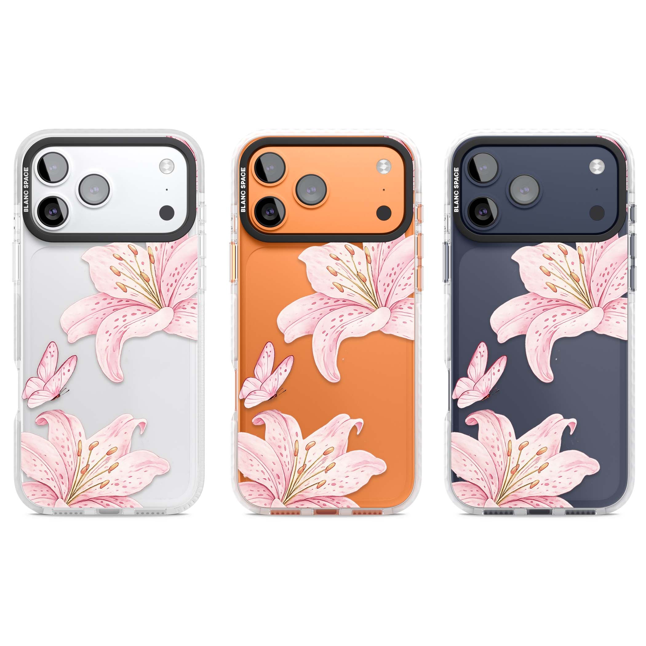 Lily Whisper floral iPhone case featuring pink watercolour lilies and delicate butterflies on a clear background | Black Impact case for iPhone 17 Pro, iPhone 17 Pro Max