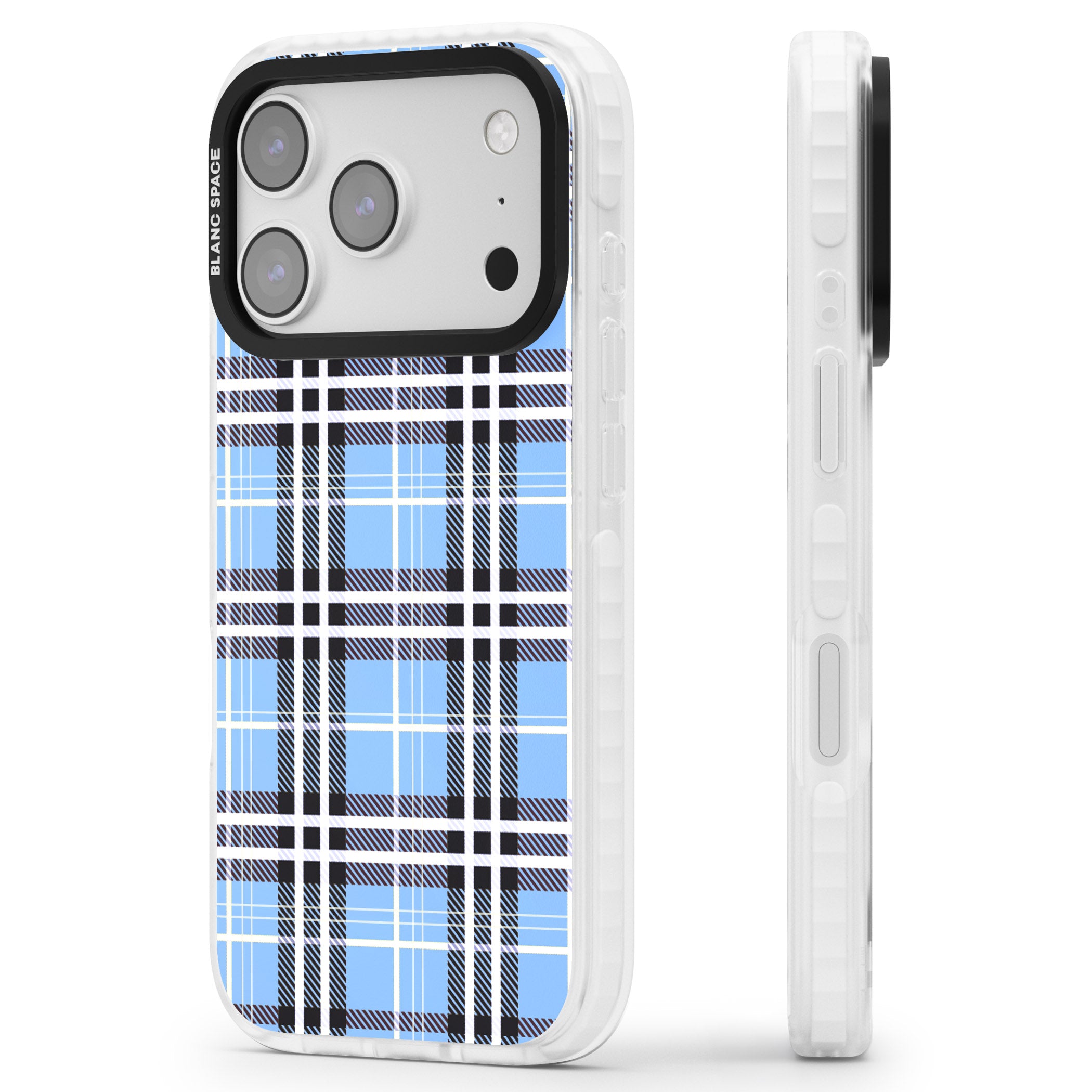 Blue Plaid iPhone 17 Pro Impact Clear Phone Case Side Profile