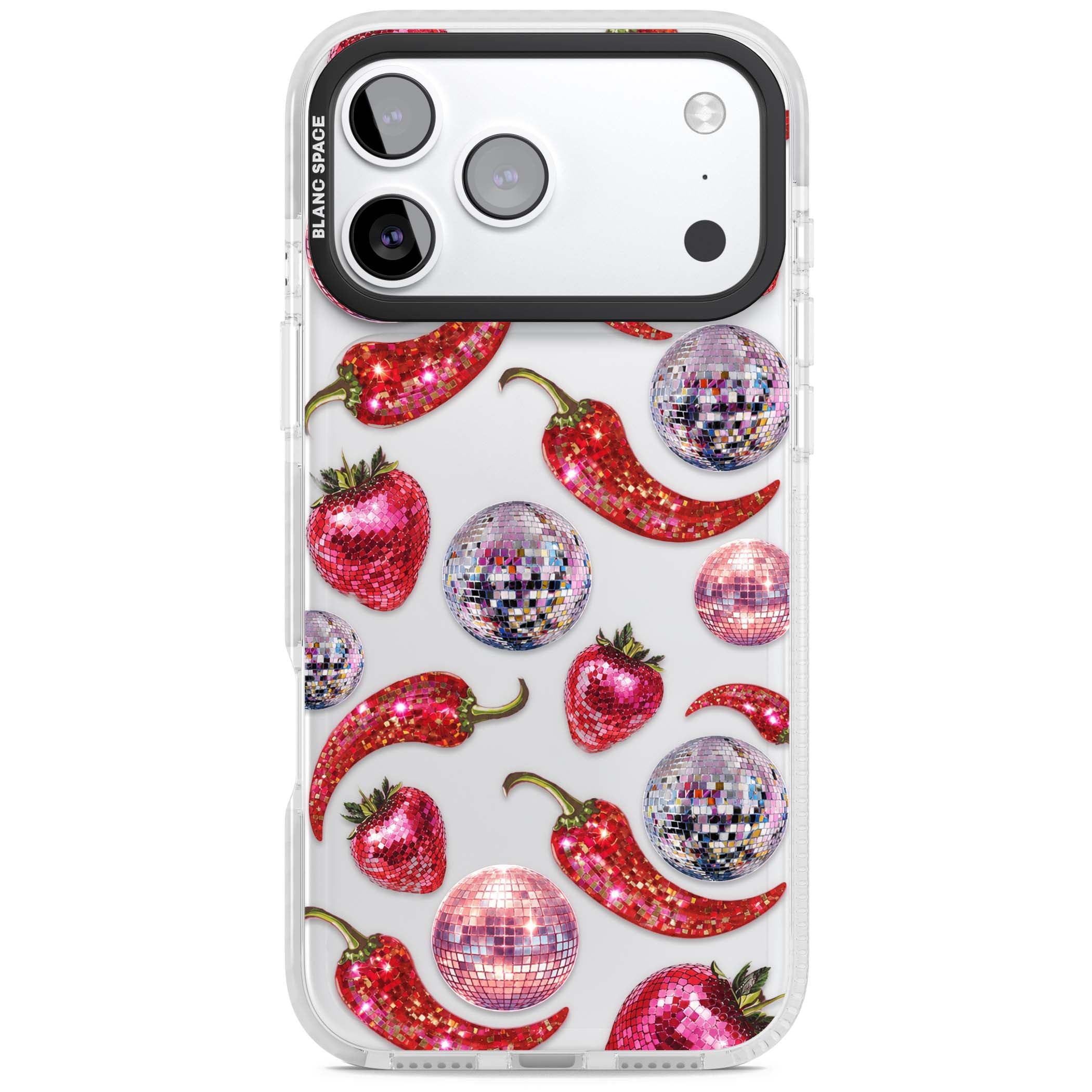 Spicy Disco Y2K iPhone case featuring glitter disco balls, sparkly strawberries and red chilli peppers | Black Impact case for iPhone 17 Pro, iPhone 17 Pro Max