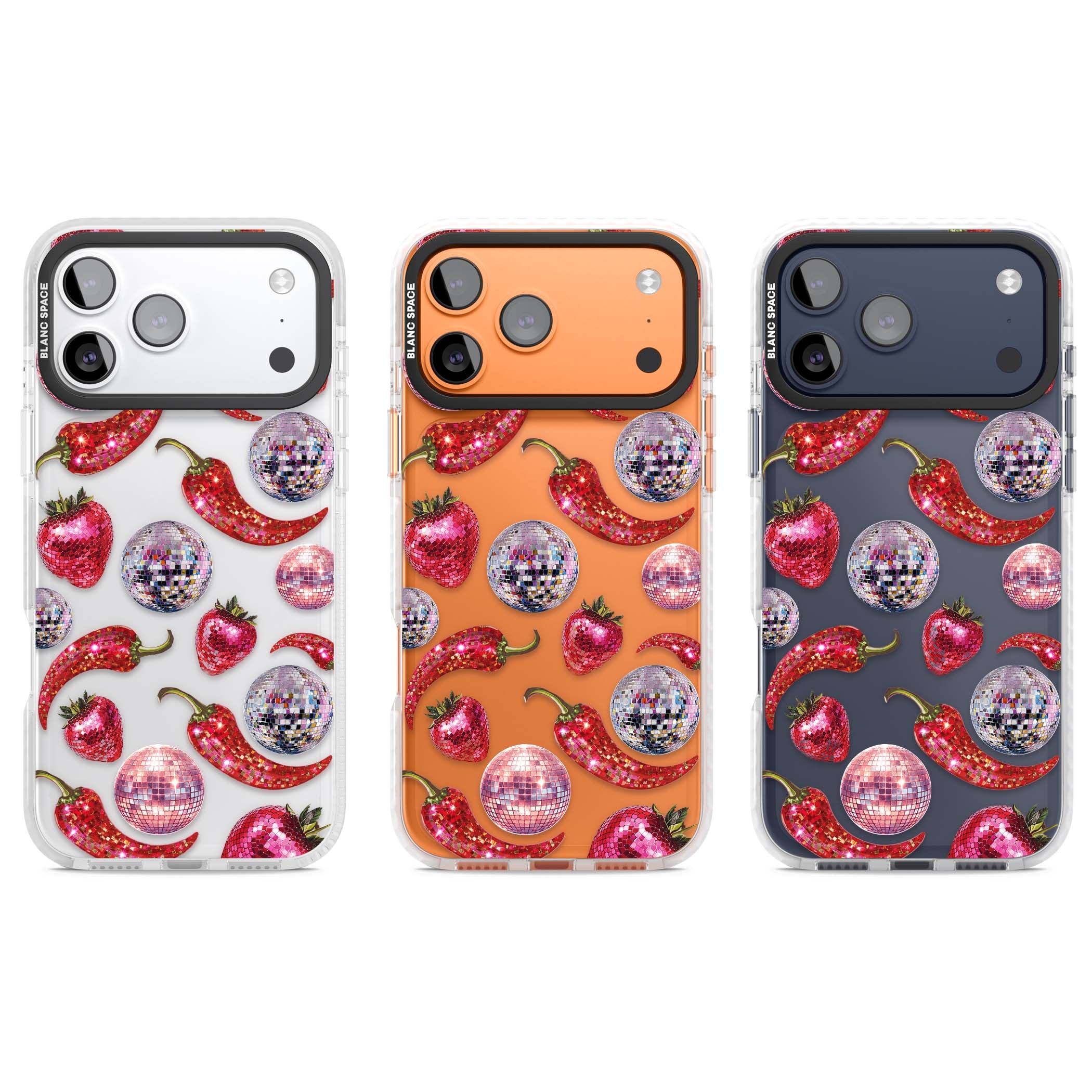 Spicy Disco Y2K iPhone case featuring glitter disco balls, sparkly strawberries and red chilli peppers | Black Impact case for iPhone 17 Pro, iPhone 17 Pro Max