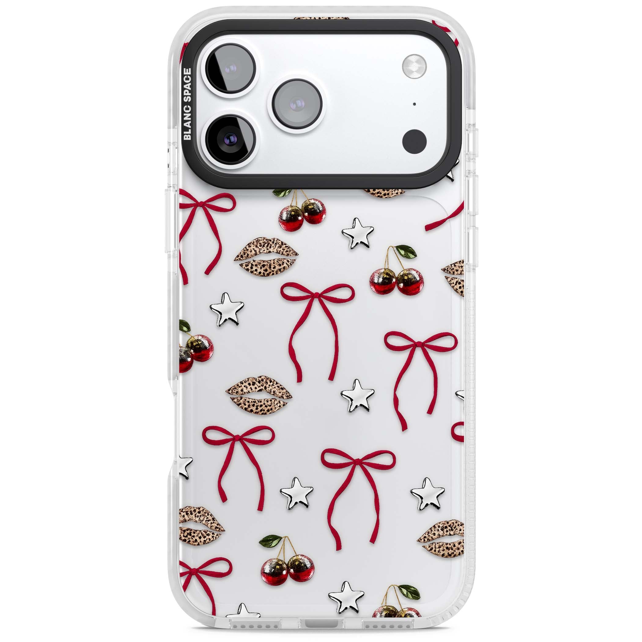 Starlet coquette iPhone case featuring red ribbon bows, disco cherries and leopard-print lips | Black Impact case for iPhone 17 Pro, iPhone 17 Pro Max