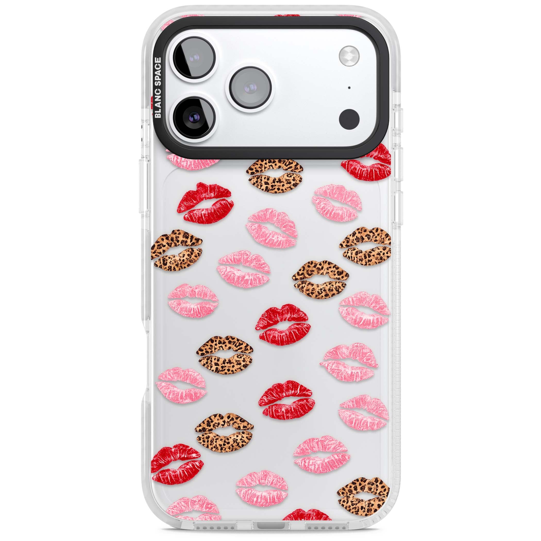 Wild Kisses coquette iPhone case featuring red, pink and leopard print lipstick kiss marks on a clear background | Black Impact case for iPhone 17 Pro, iPhone 17 Pro Max