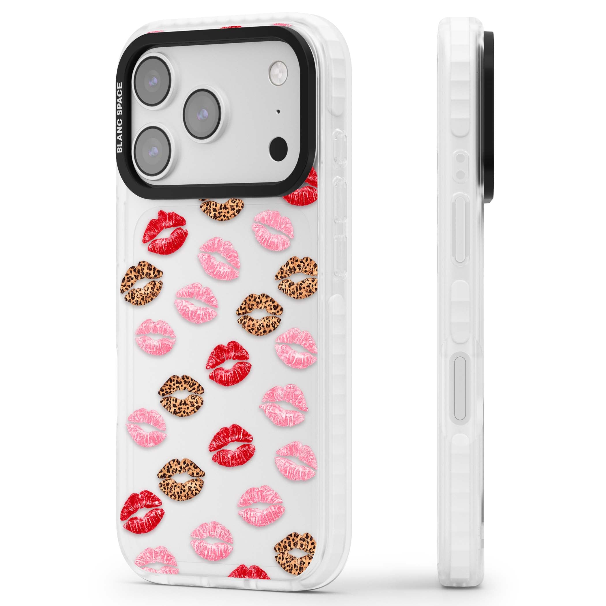Wild Kisses coquette iPhone case featuring red, pink and leopard print lipstick kiss marks on a clear background | Black Impact case for iPhone 17 Pro, iPhone 17 Pro Max