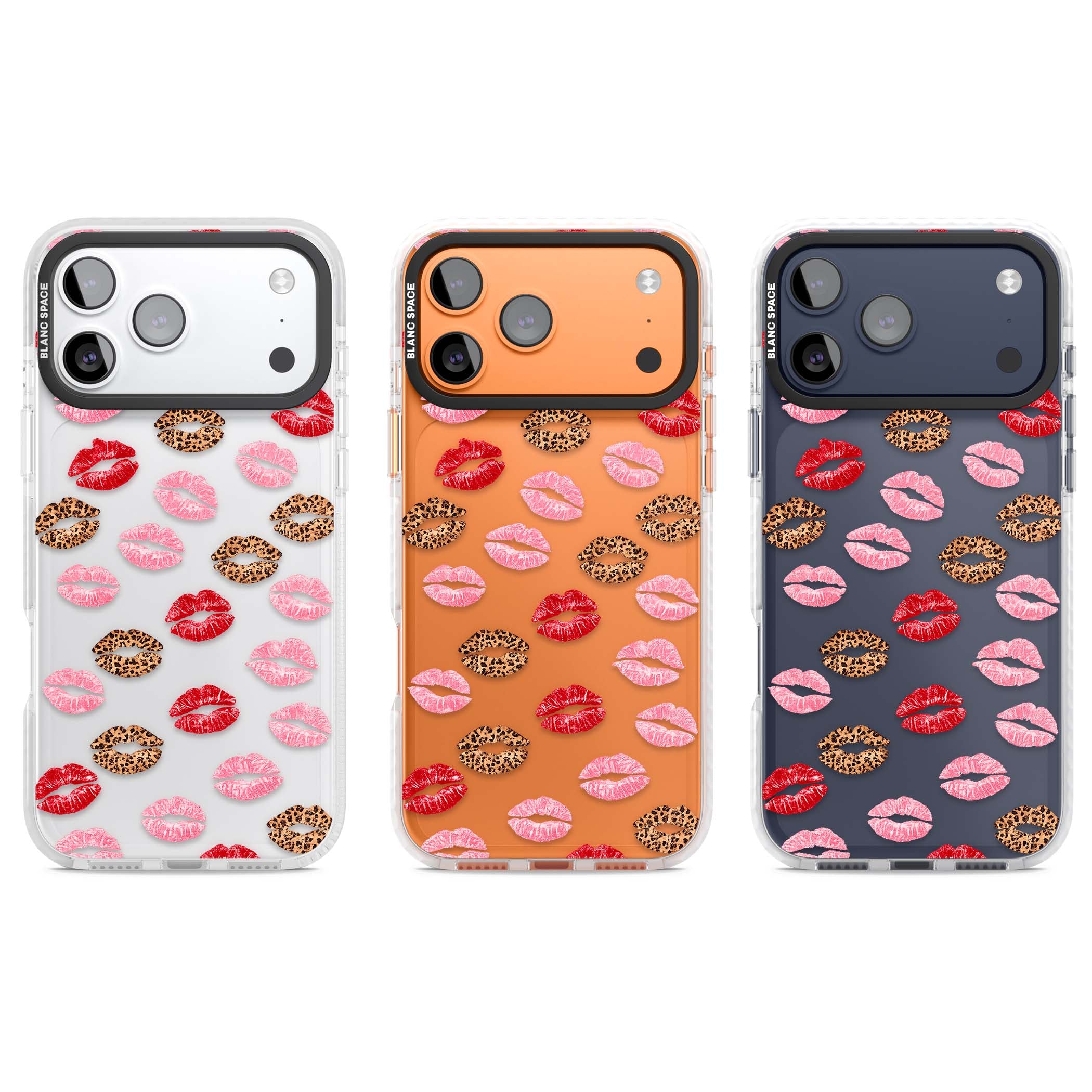 Wild Kisses coquette iPhone case featuring red, pink and leopard print lipstick kiss marks on a clear background | Black Impact case for iPhone 17 Pro, iPhone 17 Pro Max