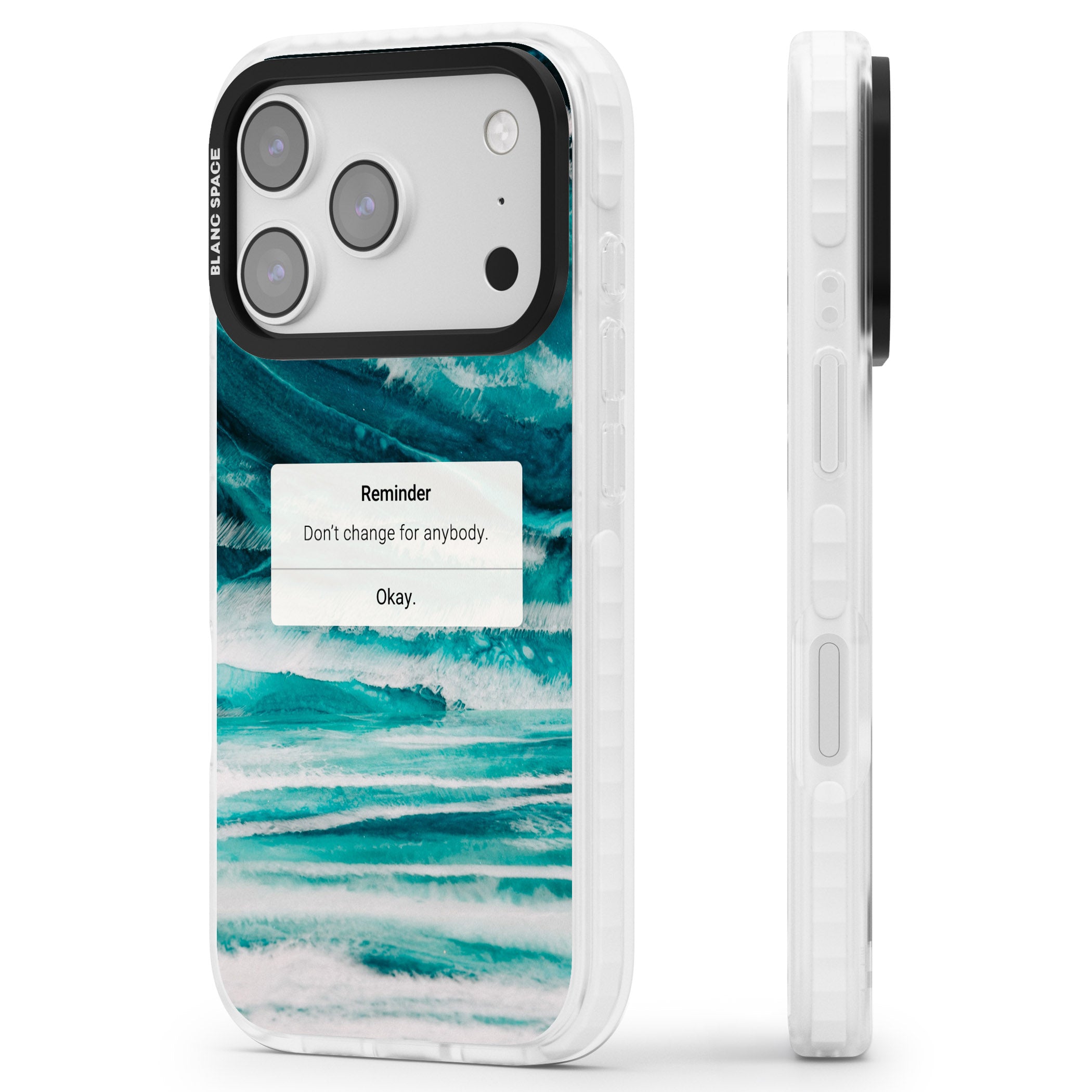 Ocean Vibe Reminder iPhone 17 Pro Impact Clear Phone Case Side Profile