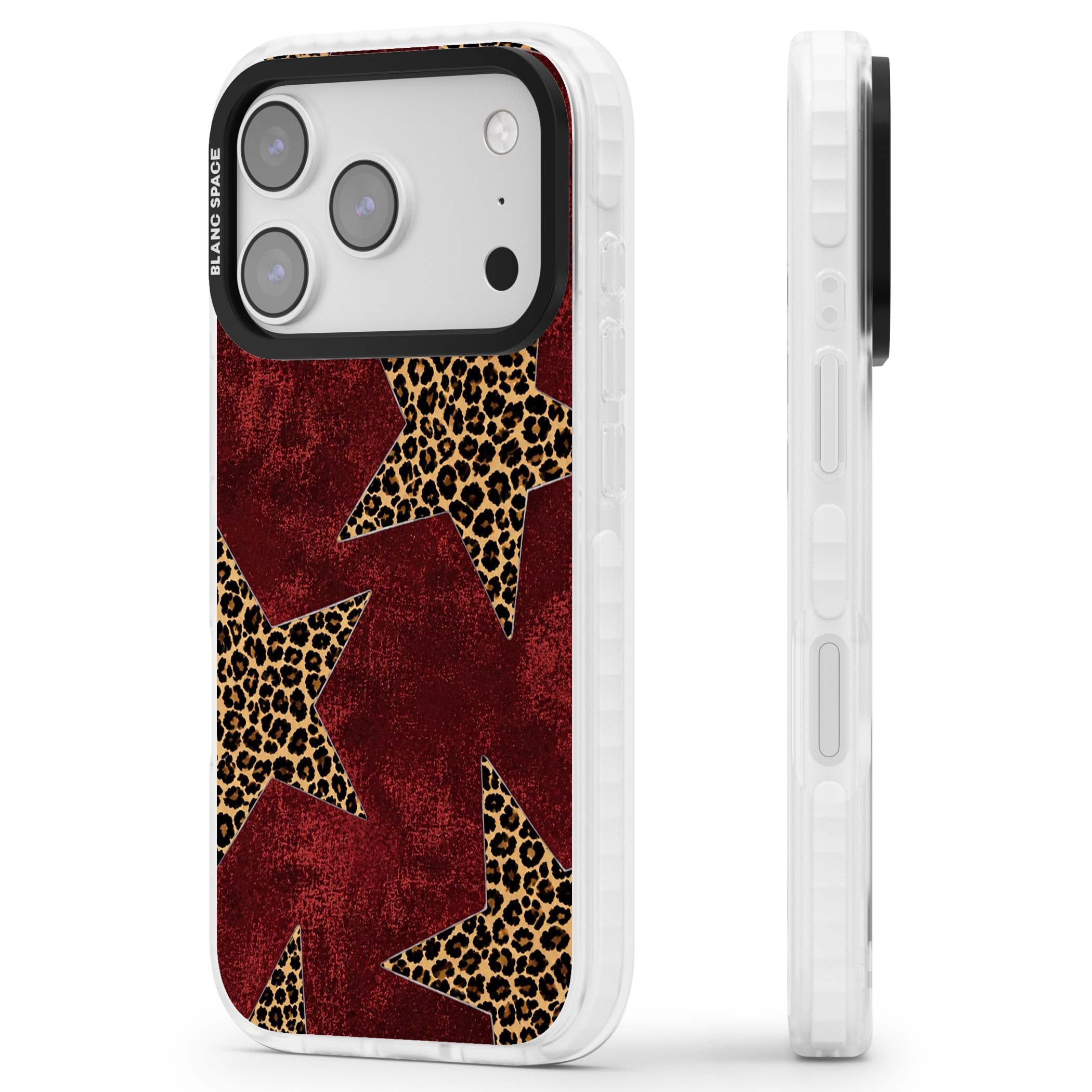 Showgirl leopard print iPhone case featuring cheetah print stars on distressed red grunge background | Black Impact case for iPhone 17 Pro, iPhone 17 Pro Max