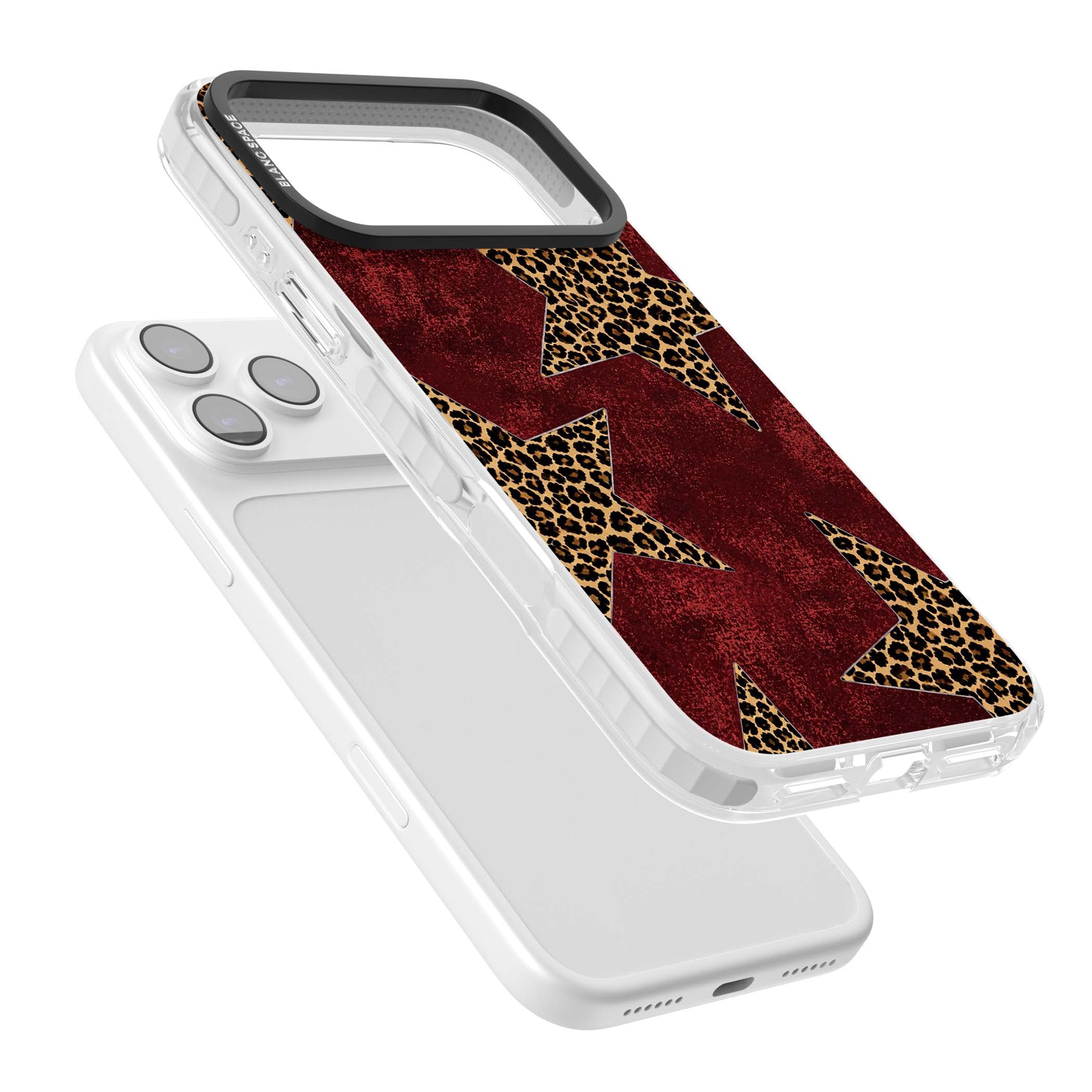 Showgirl leopard print iPhone case featuring cheetah print stars on distressed red grunge background | Black Impact case for iPhone 17 Pro, iPhone 17 Pro Max