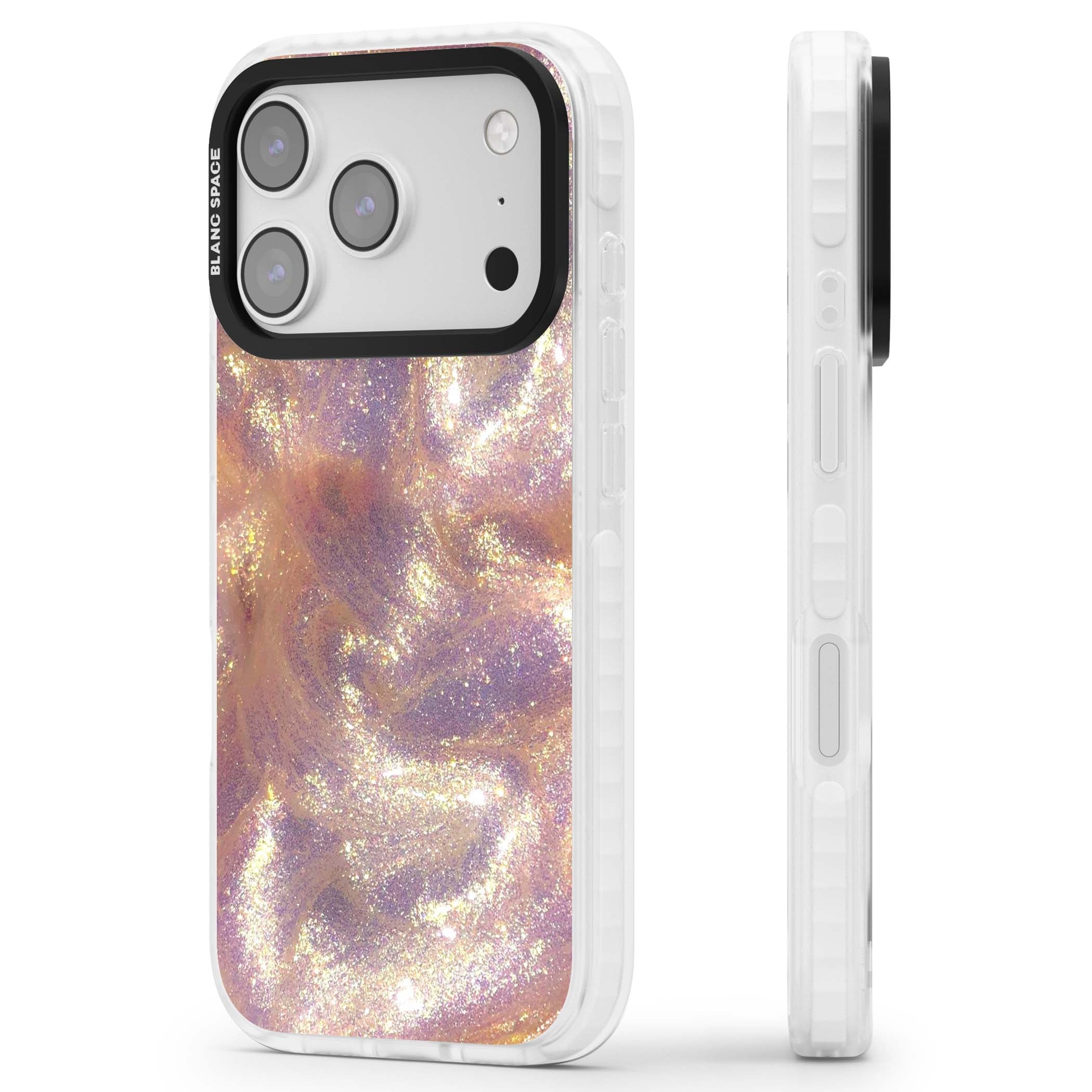 Shimmer marble iPhone case featuring rose gold glitter swirls, lilac shimmer and iridescent pearl finish | Black Impact case for iPhone 17 Pro, iPhone 17 Pro Max