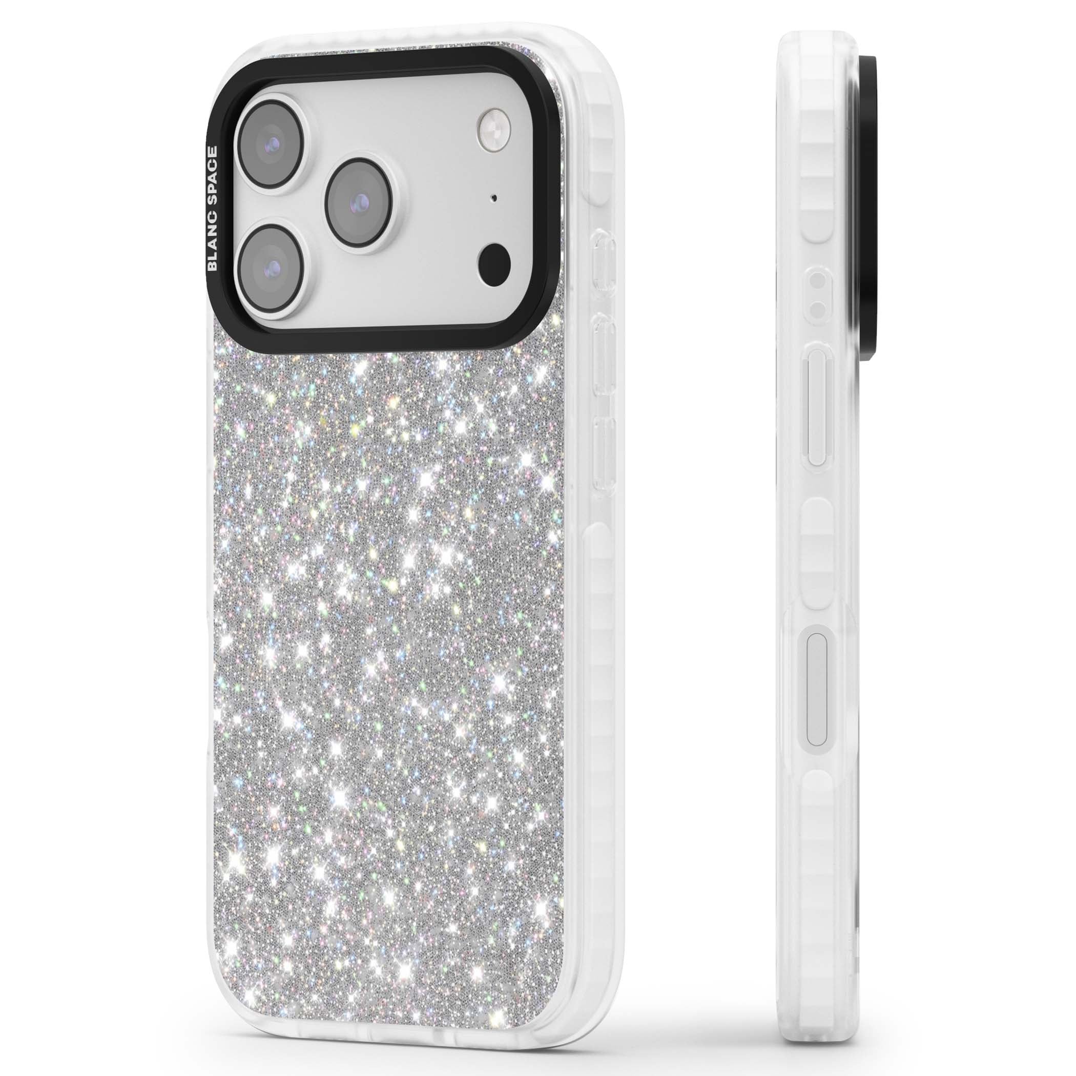 Diamond glam iPhone case featuring silver glitter sparkle and shimmering diamond dust effect | Black Impact case for iPhone 17 Pro, iPhone 17 Pro Max