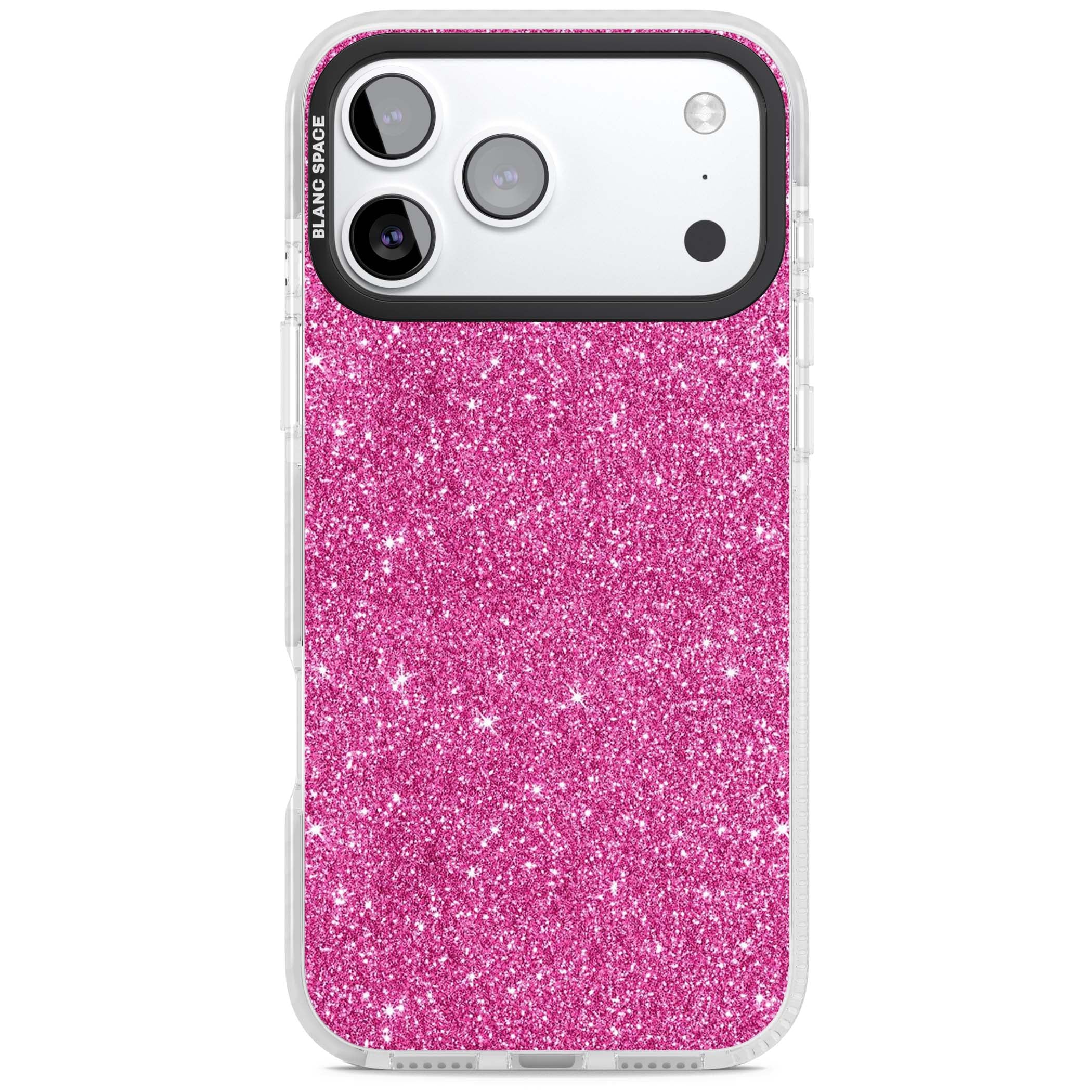 Pink Glitter Y2K iPhone case featuring hot pink glitter wallpaper with sparkle shimmer effect | Black Impact case for iPhone 17 Pro, iPhone 17 Pro Max