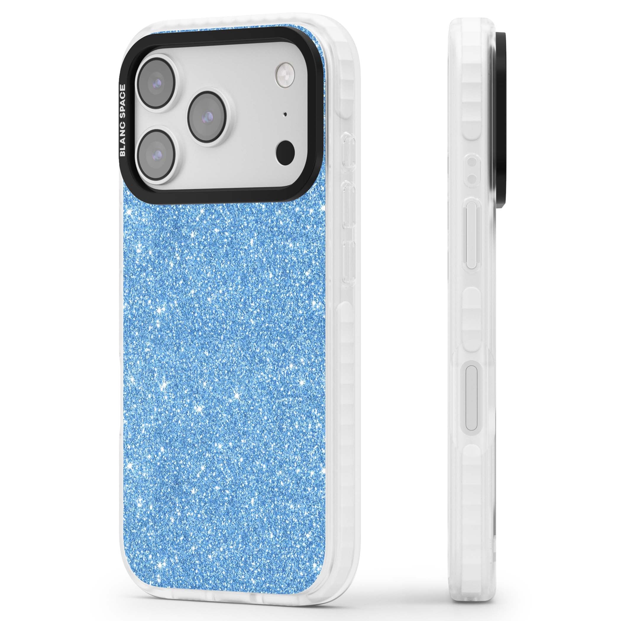 Blue Glitter blue glitter iPhone case featuring dense sparkling cerulean glitter with a glamorous shimmering finish | Black Impact case for iPhone 17 Pro, iPhone 17 Pro Max