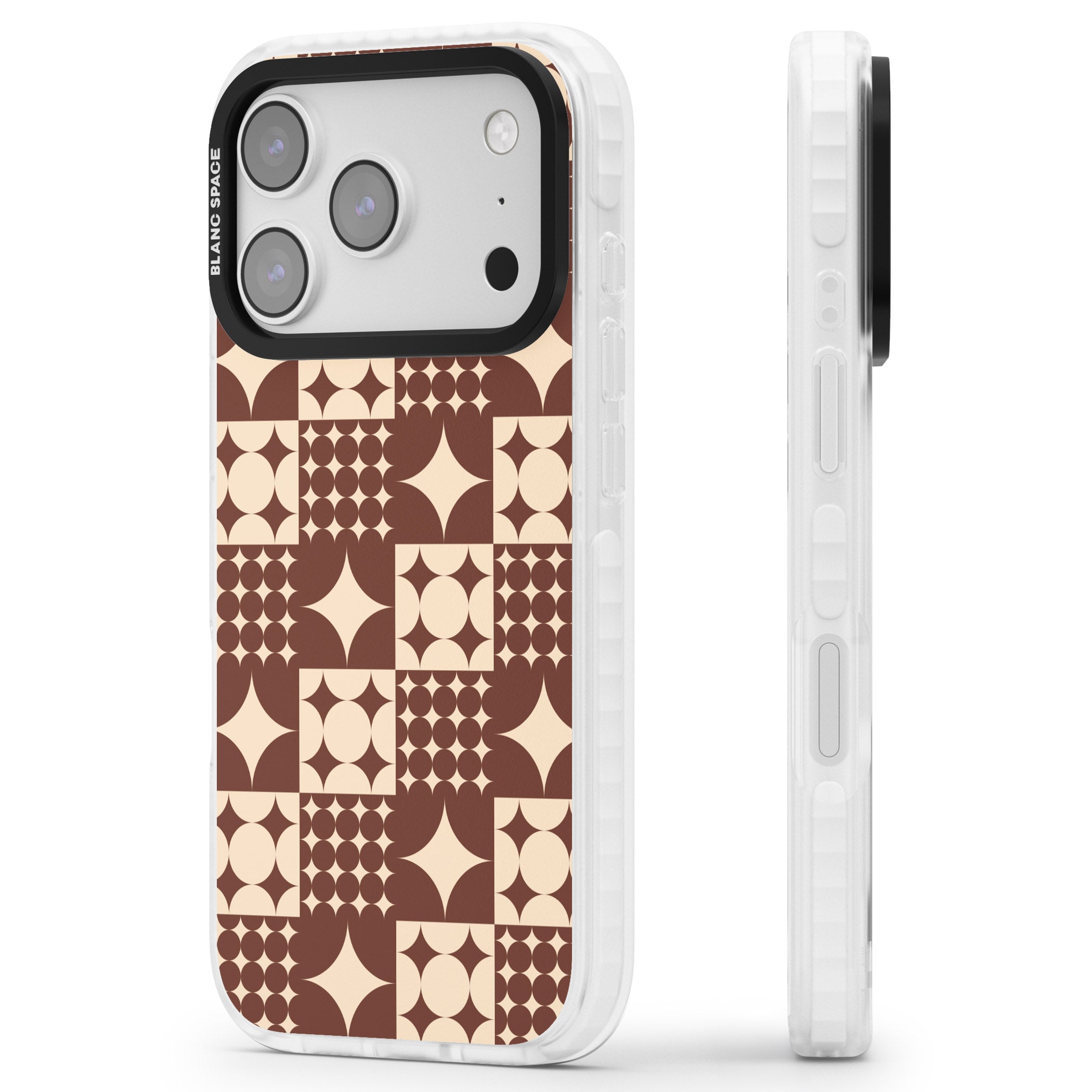 Mid Century Brown Checked iPhone 17 Pro Max Impact Clear Phone Case Side Profile