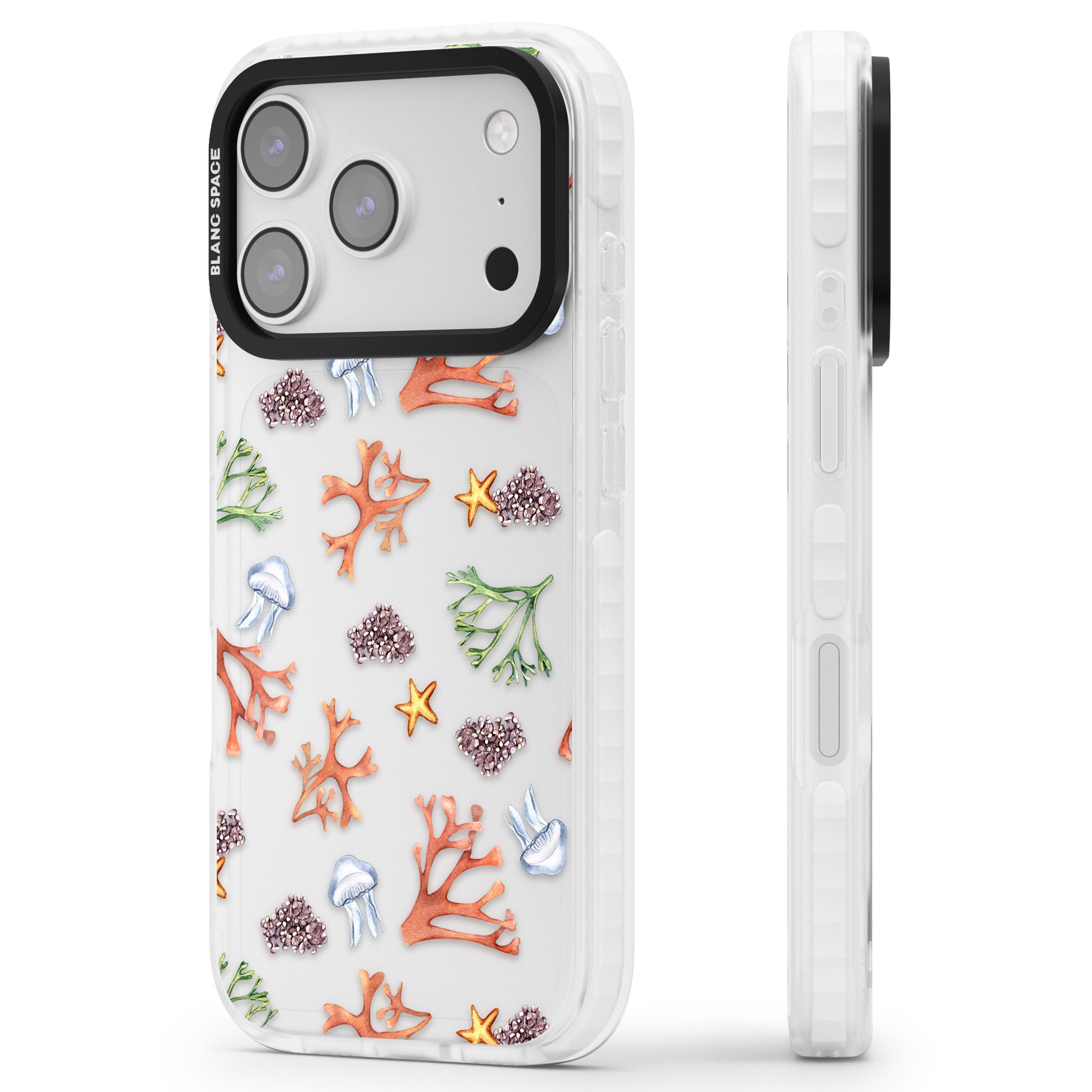 Coral & Jellyfish iPhone 17 Pro Impact Clear Phone Case Side Profile