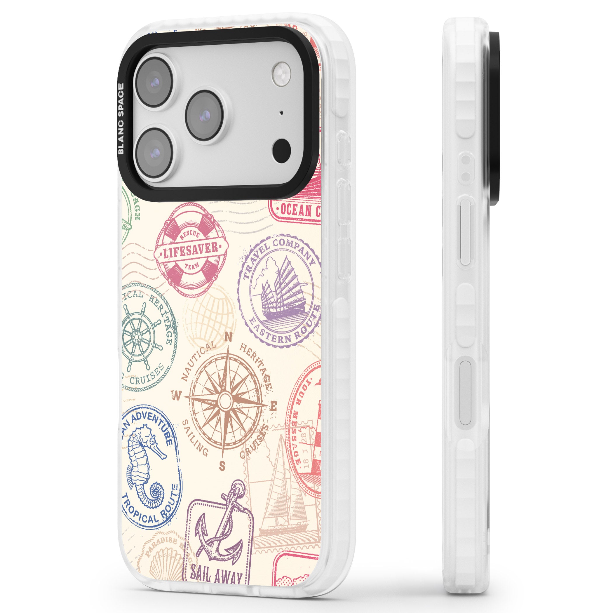 Nautical Stamps iPhone 17 Pro Max Impact Clear Phone Case Side Profile