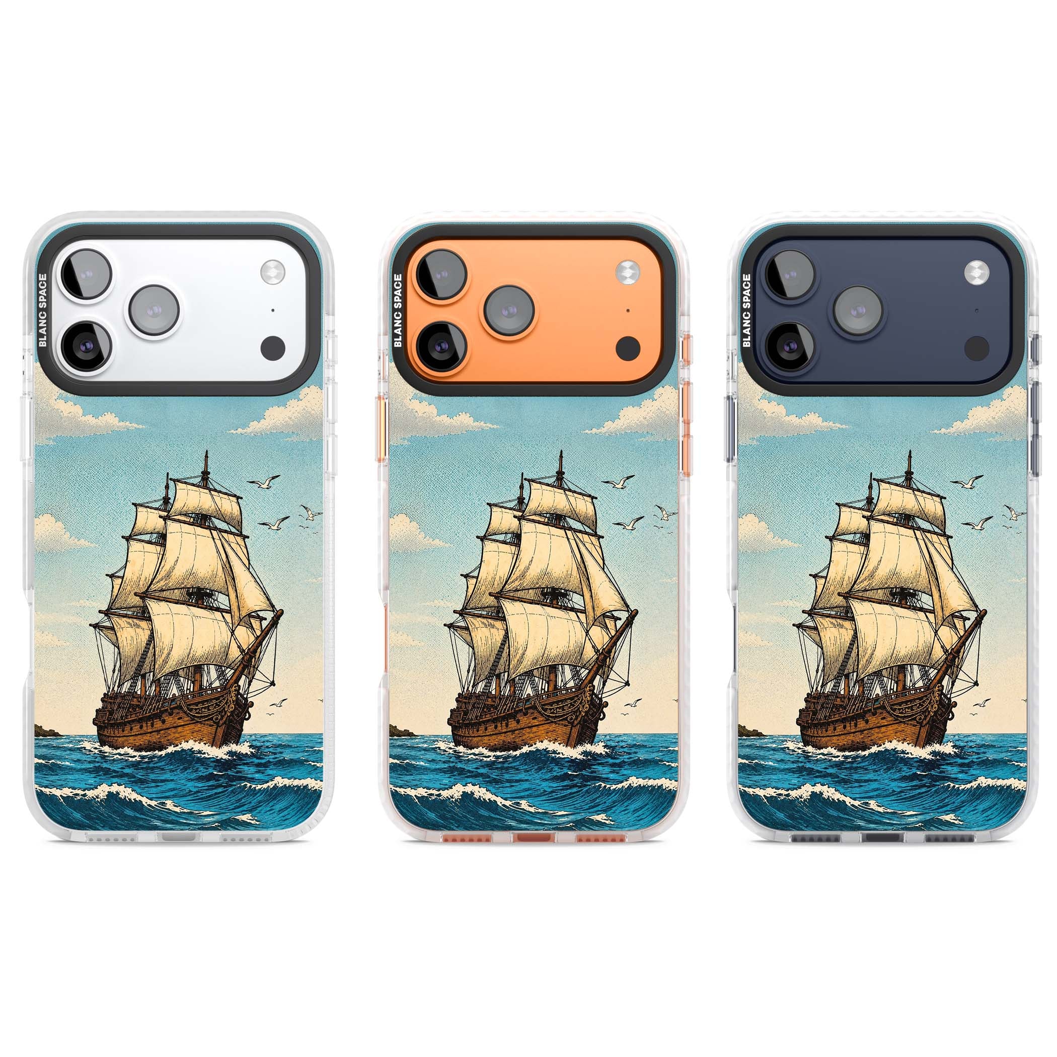 Ship at Sea nautical iPhone case featuring a vintage tall ship, ocean waves and seagulls | Black Impact case for iPhone 17 Pro, iPhone 17 Pro Max