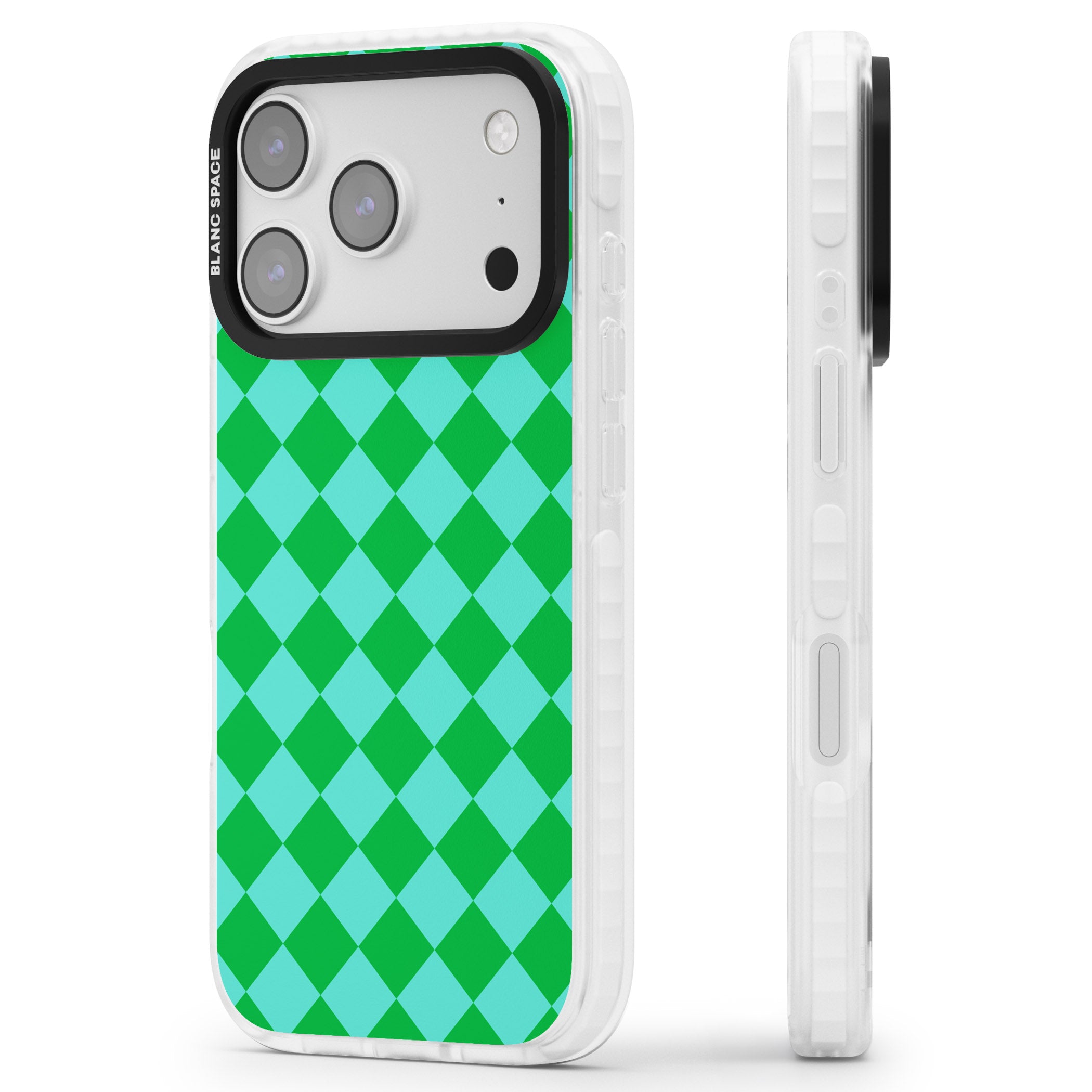Retro Green Diamond Plaid iPhone 17 Pro Impact Clear Phone Case Side Profile