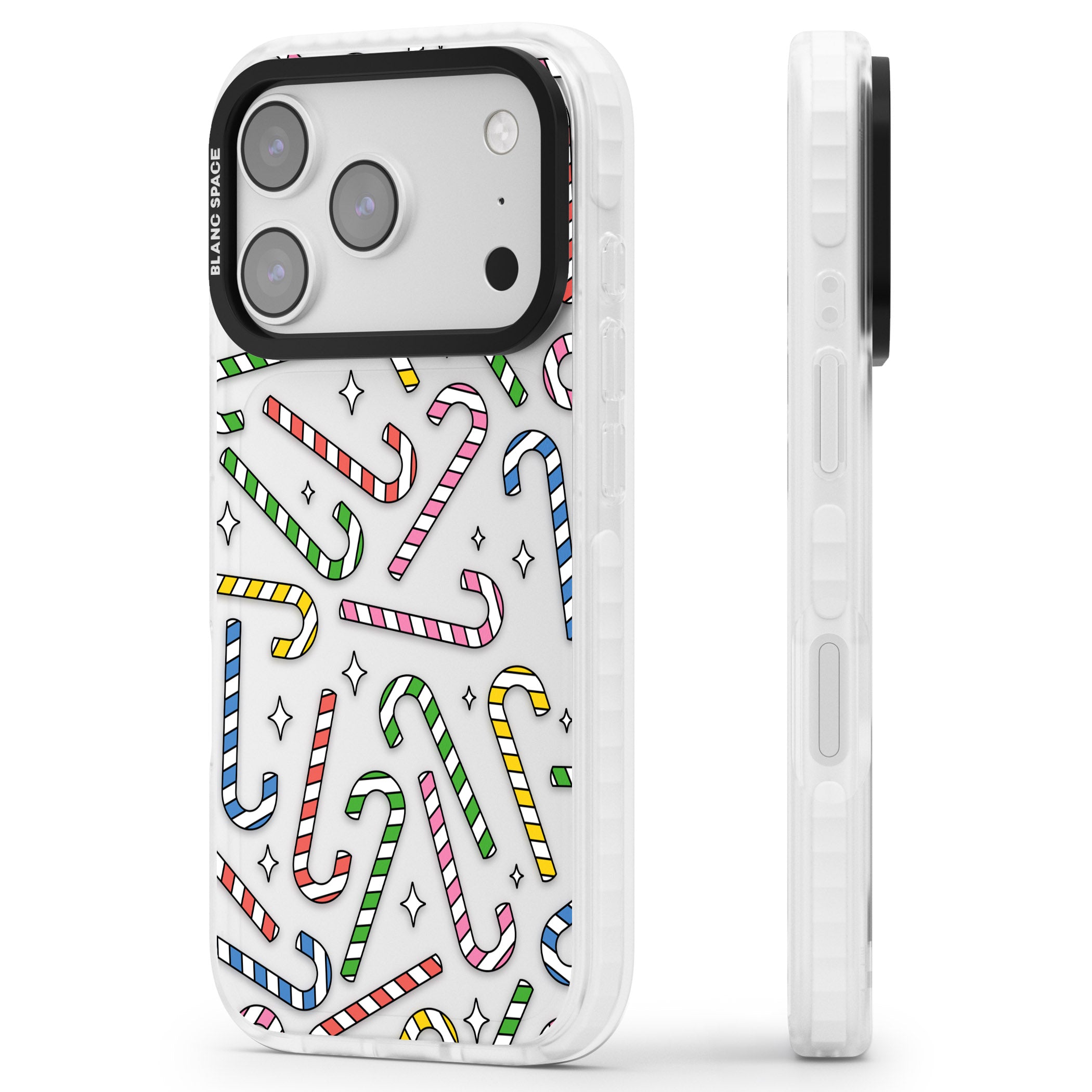 Colourful Stars & Candy Canes iPhone 17 Pro Max Impact Clear Phone Case Side Profile