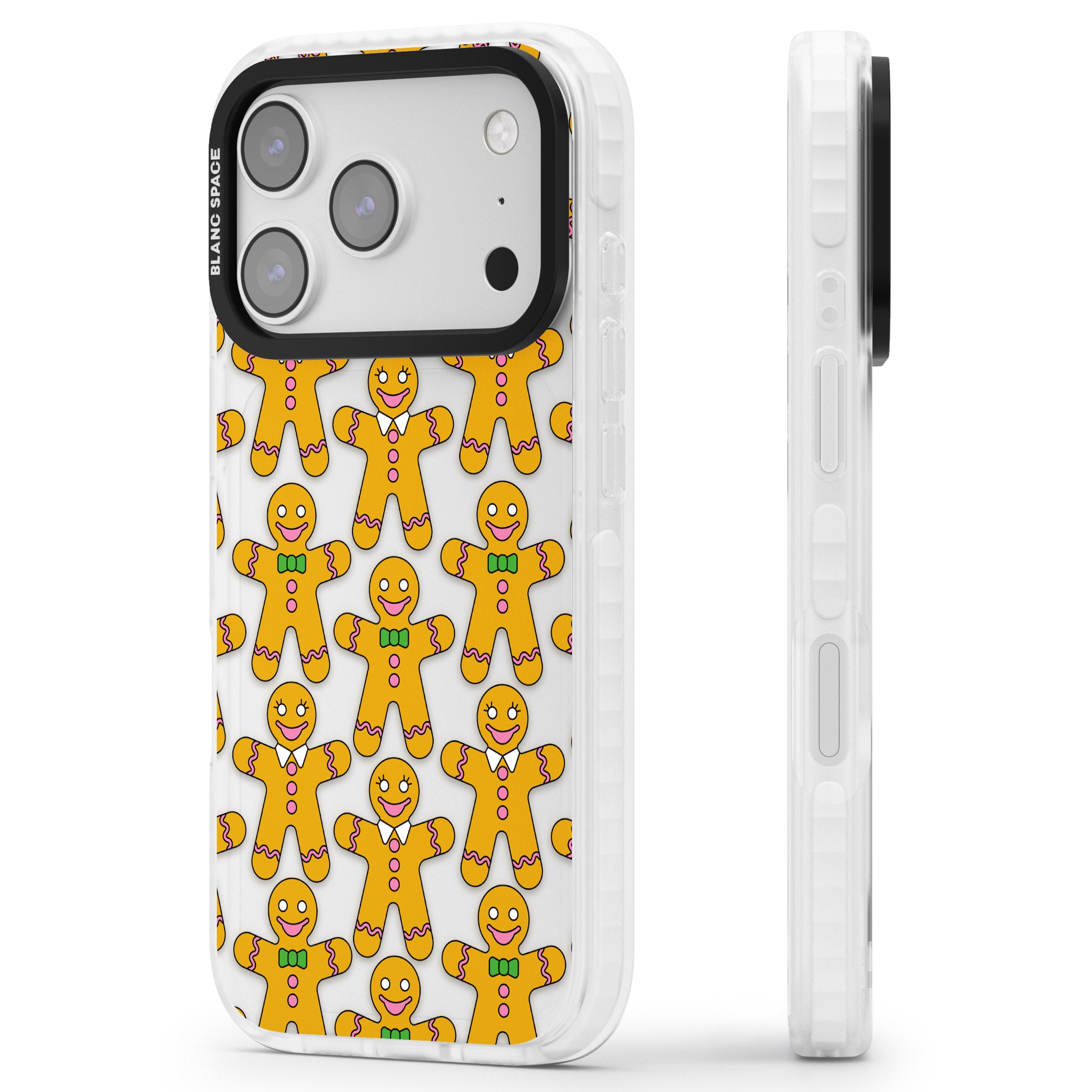 Gingerbread Cookie Pattern iPhone 17 Pro Max Impact Clear Phone Case Side Profile