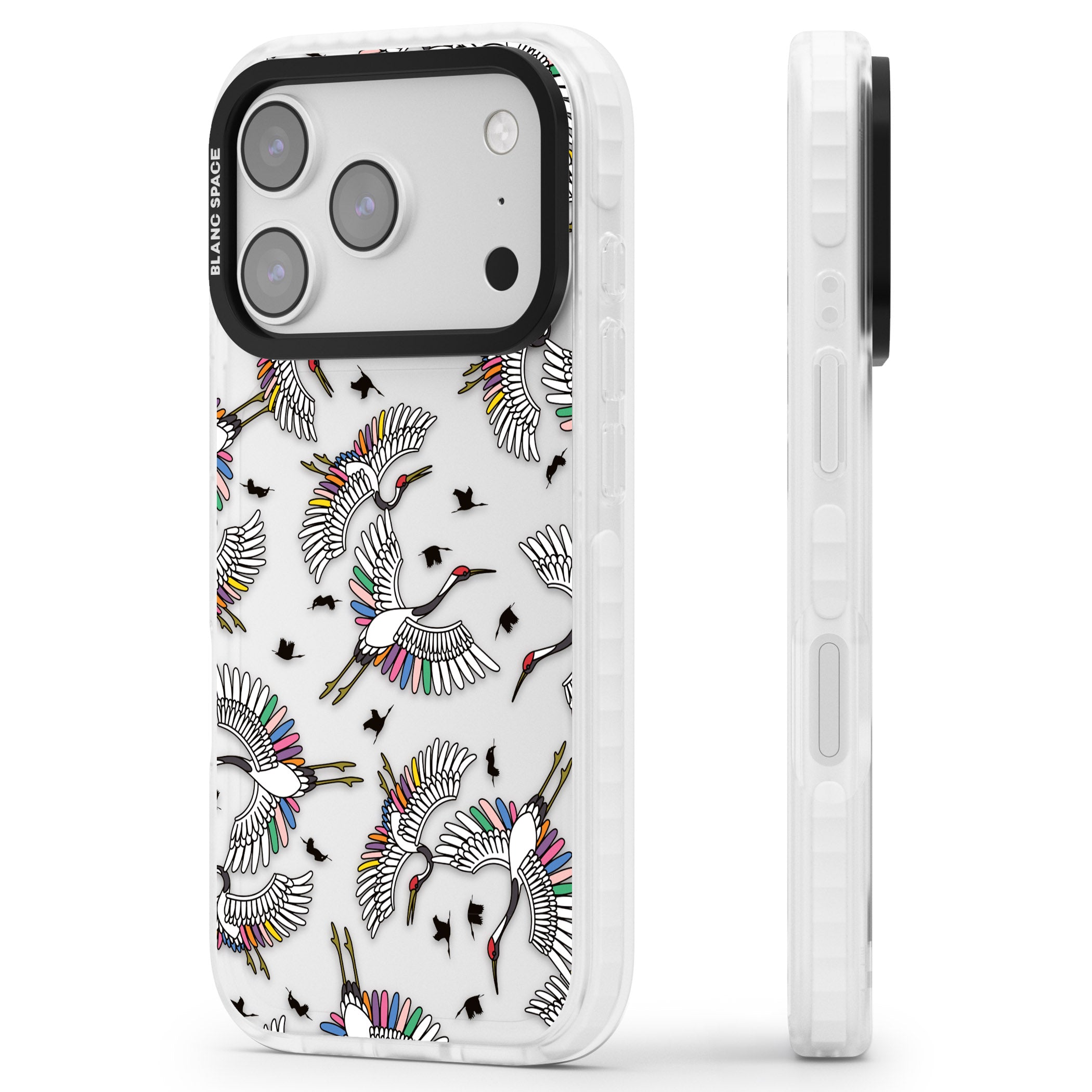 Colourful Crane Pattern iPhone 17 Pro Max Impact Clear Phone Case Side Profile