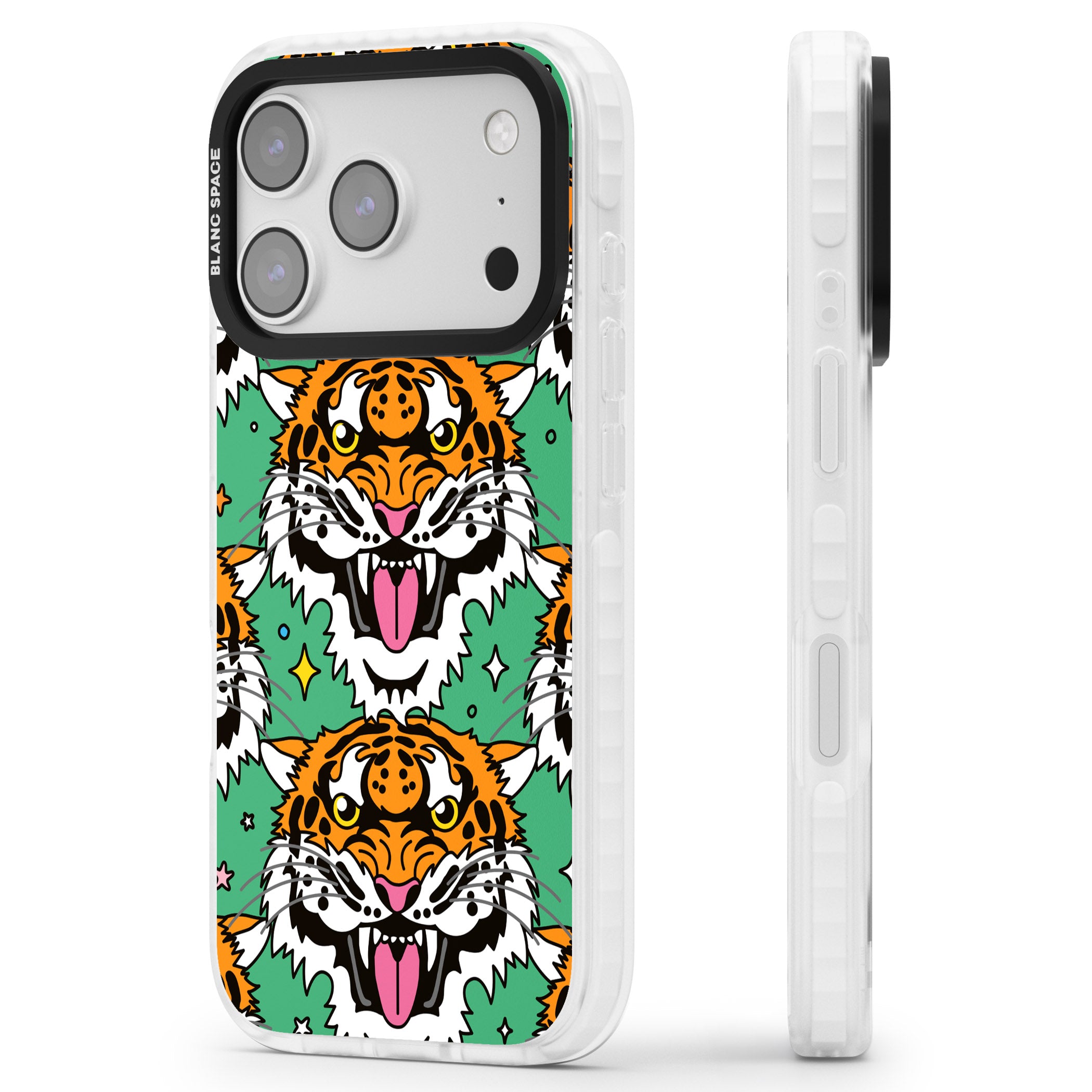 Fierce Jungle Tigers (Green) iPhone 17 Pro Max Impact Clear Phone Case Side Profile