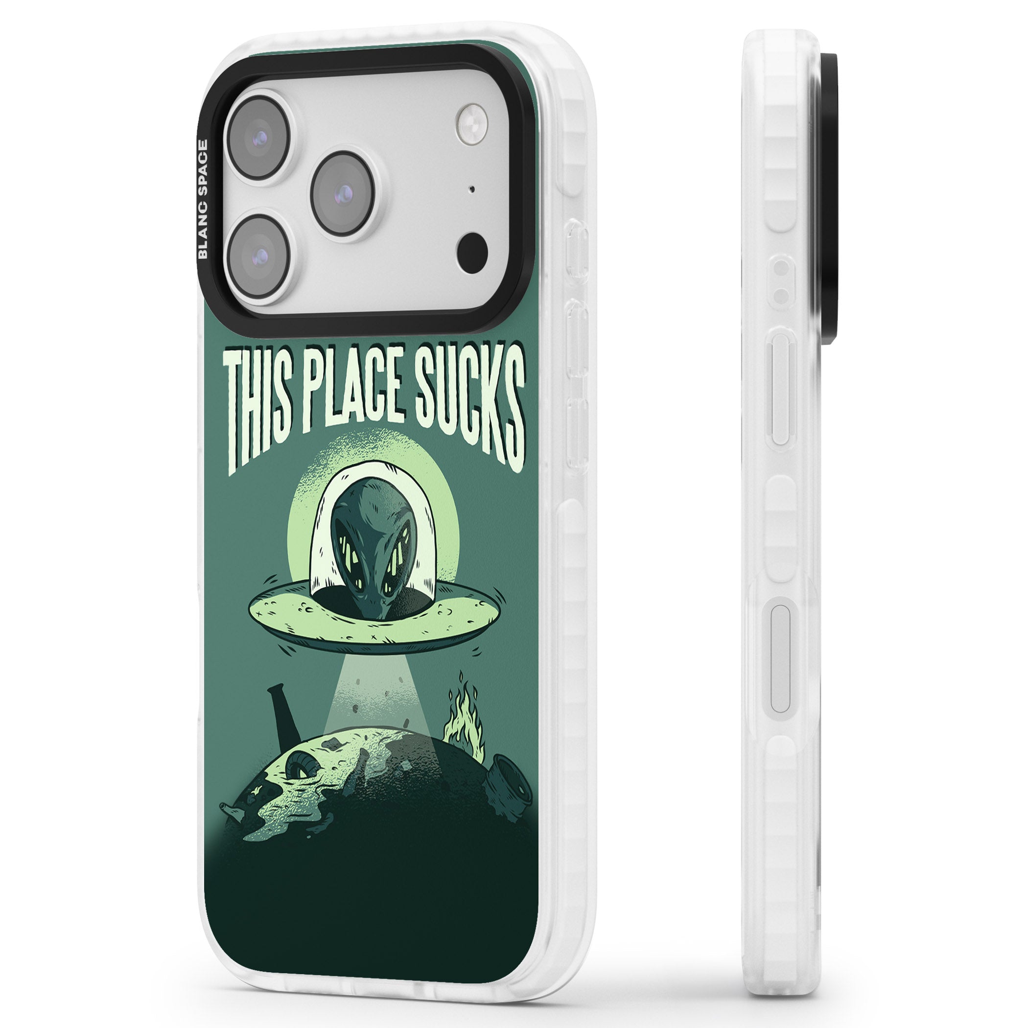 Earth Sucks iPhone 17 Pro Impact Clear Phone Case Side Profile