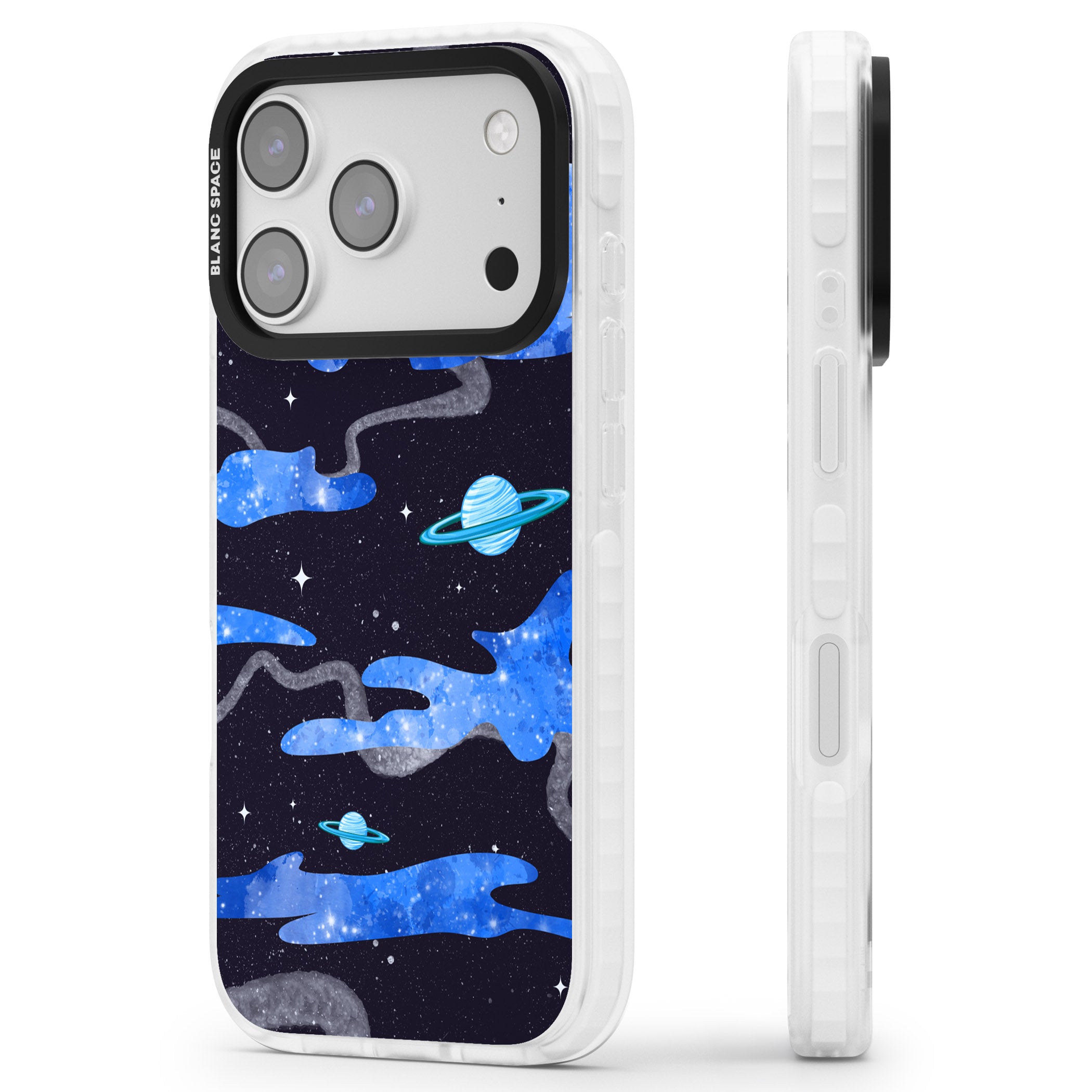 Blue Galaxy iPhone 17 Pro Impact Clear Phone Case Side Profile
