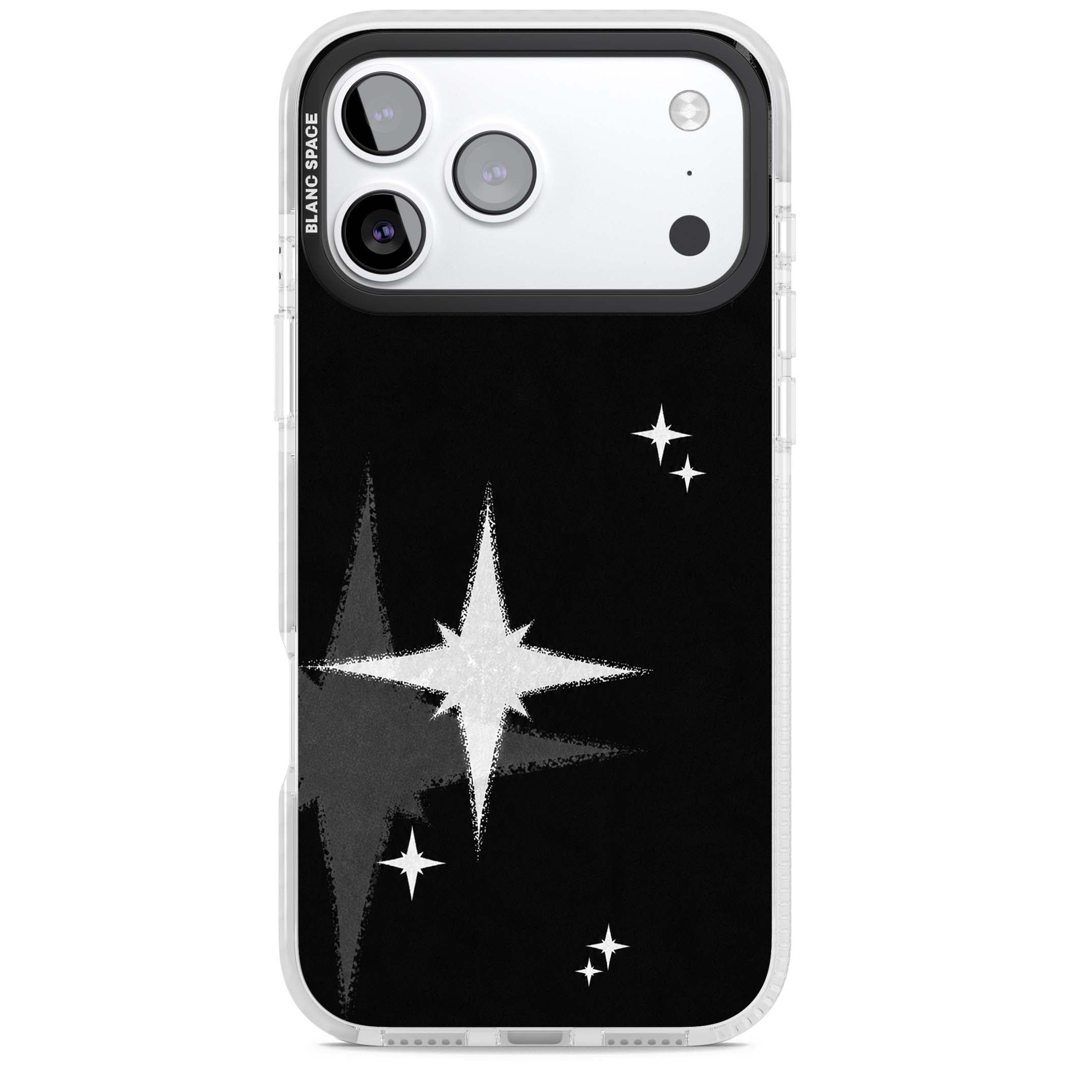 Black Sparkle celestial iPhone case featuring white sparkle stars on a black night sky background | Black Impact case for iPhone 17 Pro, iPhone 17 Pro Max