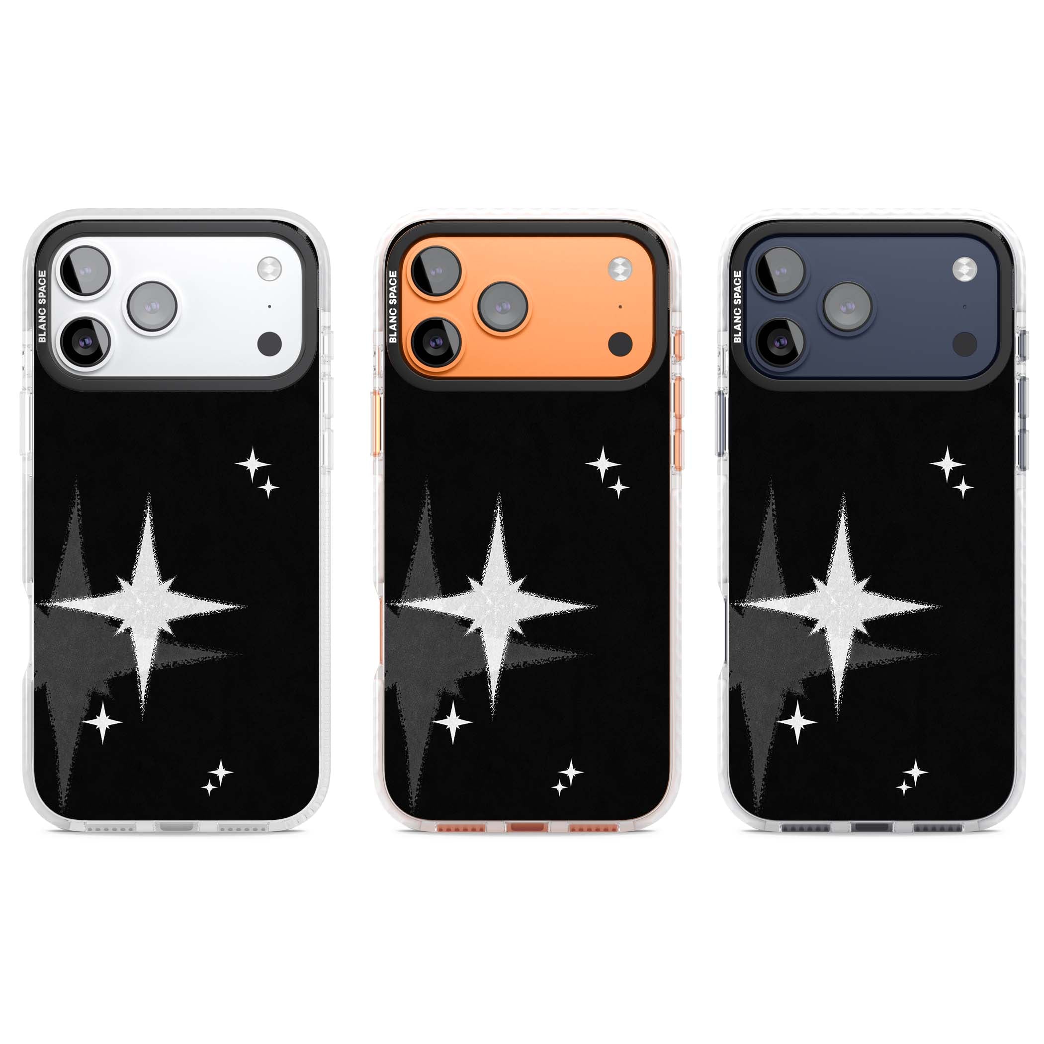 Black Sparkle celestial iPhone case featuring white sparkle stars on a black night sky background | Black Impact case for iPhone 17 Pro, iPhone 17 Pro Max
