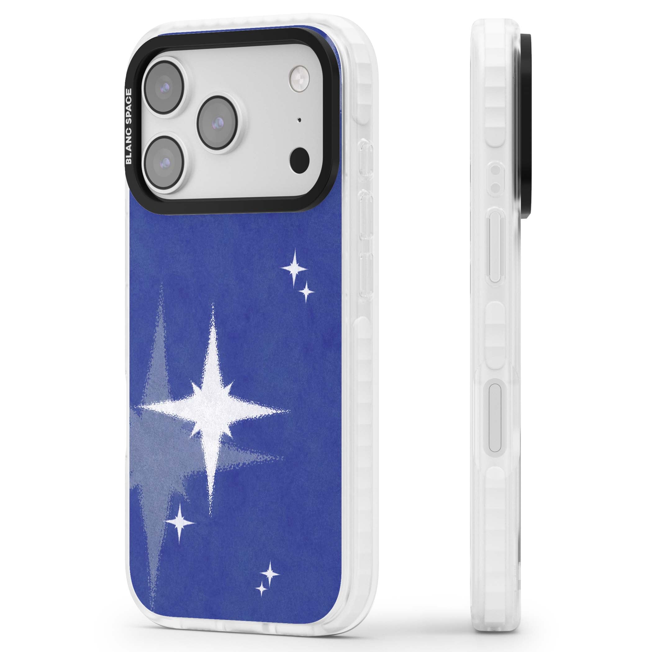 Blue Sparkle celestial iPhone case featuring sparkling silver stars on a deep blue painterly night sky | Black Impact case for iPhone 17 Pro, iPhone 17 Pro Max