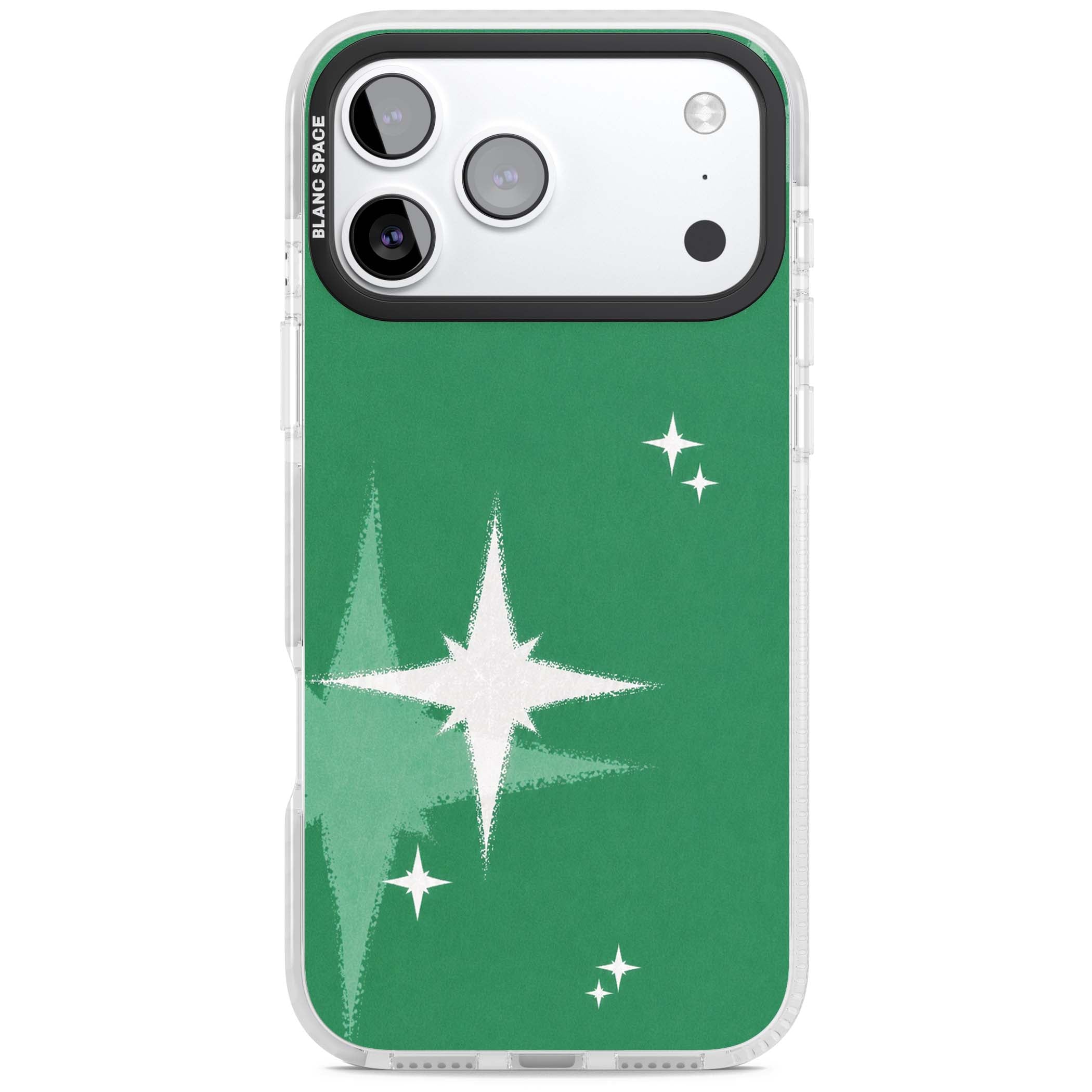 Green Sparkle celestial iPhone case featuring sparkling white four-point stars on a deep green background | Black Impact case for iPhone 17 Pro, iPhone 17 Pro Max