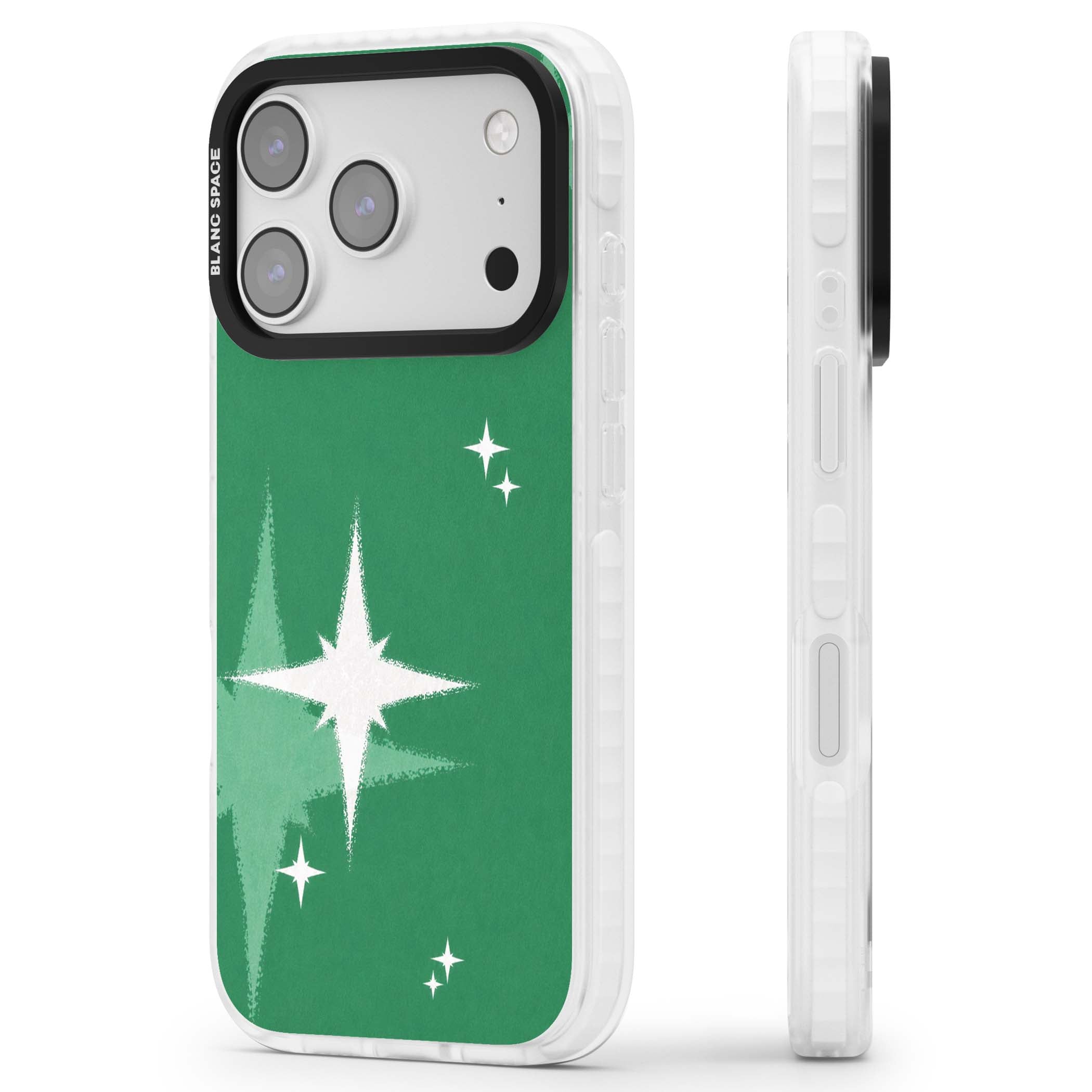 Green Sparkle celestial iPhone case featuring sparkling white four-point stars on a deep green background | Black Impact case for iPhone 17 Pro, iPhone 17 Pro Max