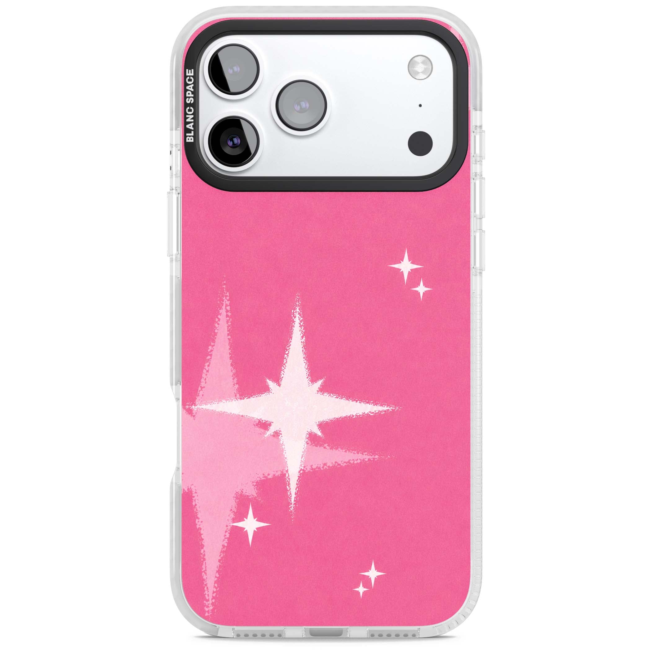 Pink Sparkle Y2K iPhone case featuring hot pink background with shimmering white starburst pattern | Black Impact case for iPhone 17 Pro, iPhone 17 Pro Max