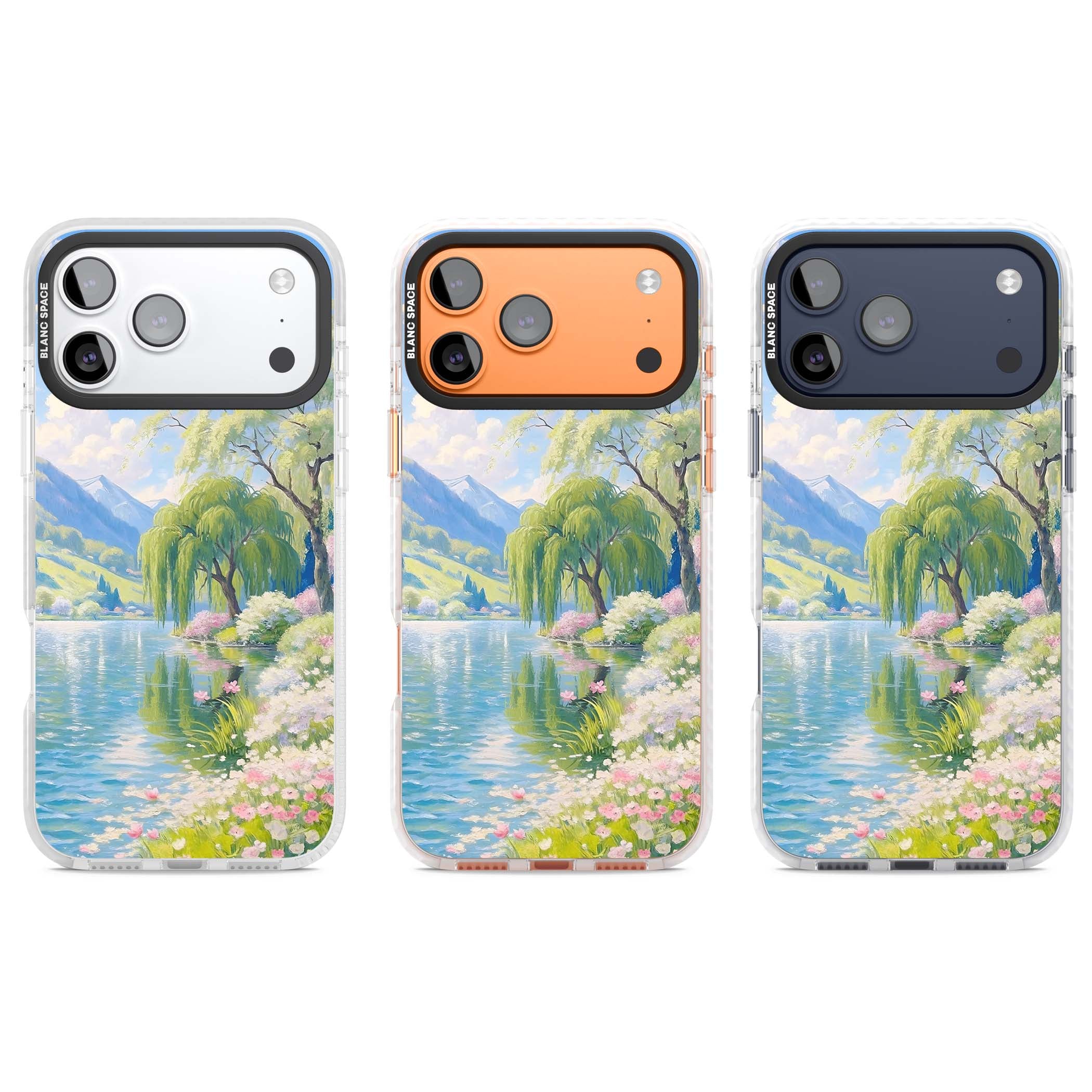 Willow Lake cottagecore iPhone case featuring a painted lakeside with weeping willow, blossoms and distant mountains | Black Impact case for iPhone 17 Pro, iPhone 17 Pro Max