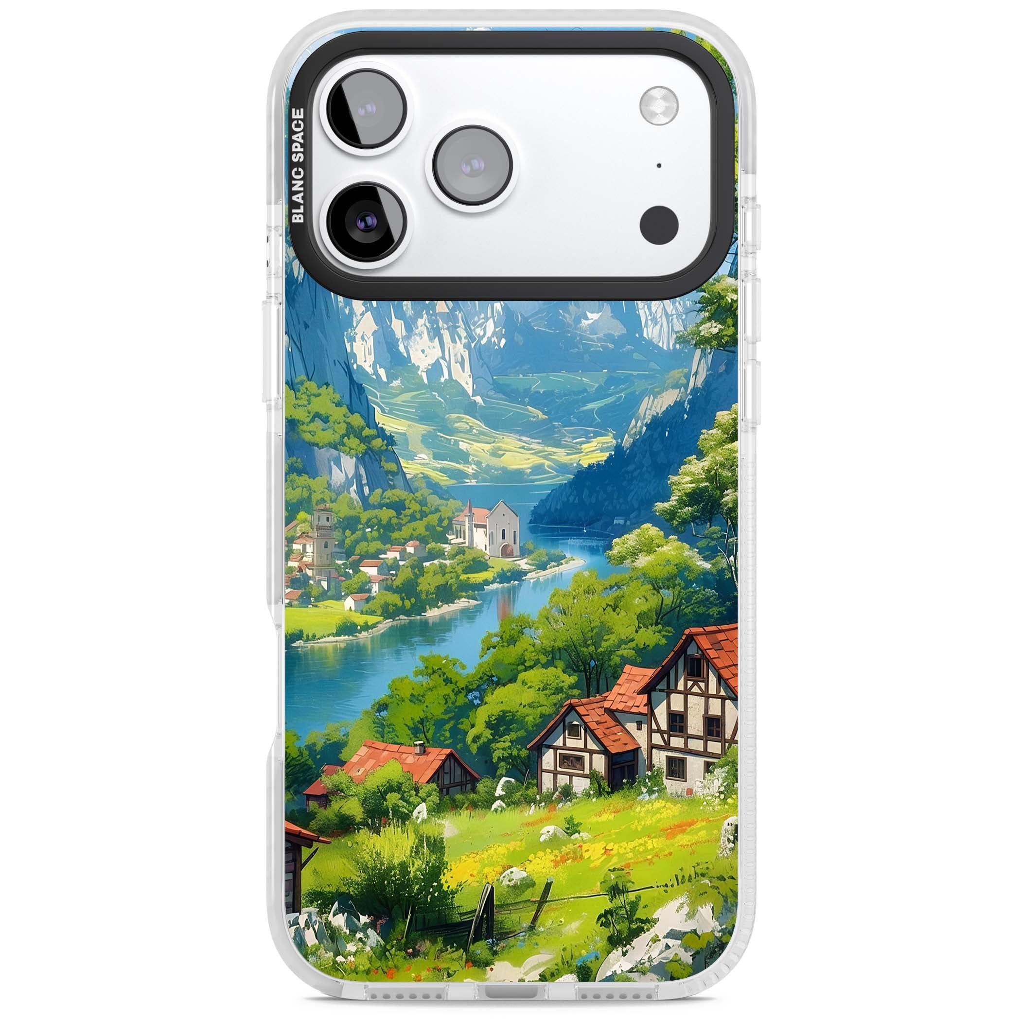 Village In The Valley anime iPhone case featuring a painted mountain village, river valley and half-timbered cottages. | Black Impact case for iPhone 17 Pro, iPhone 17 Pro Max