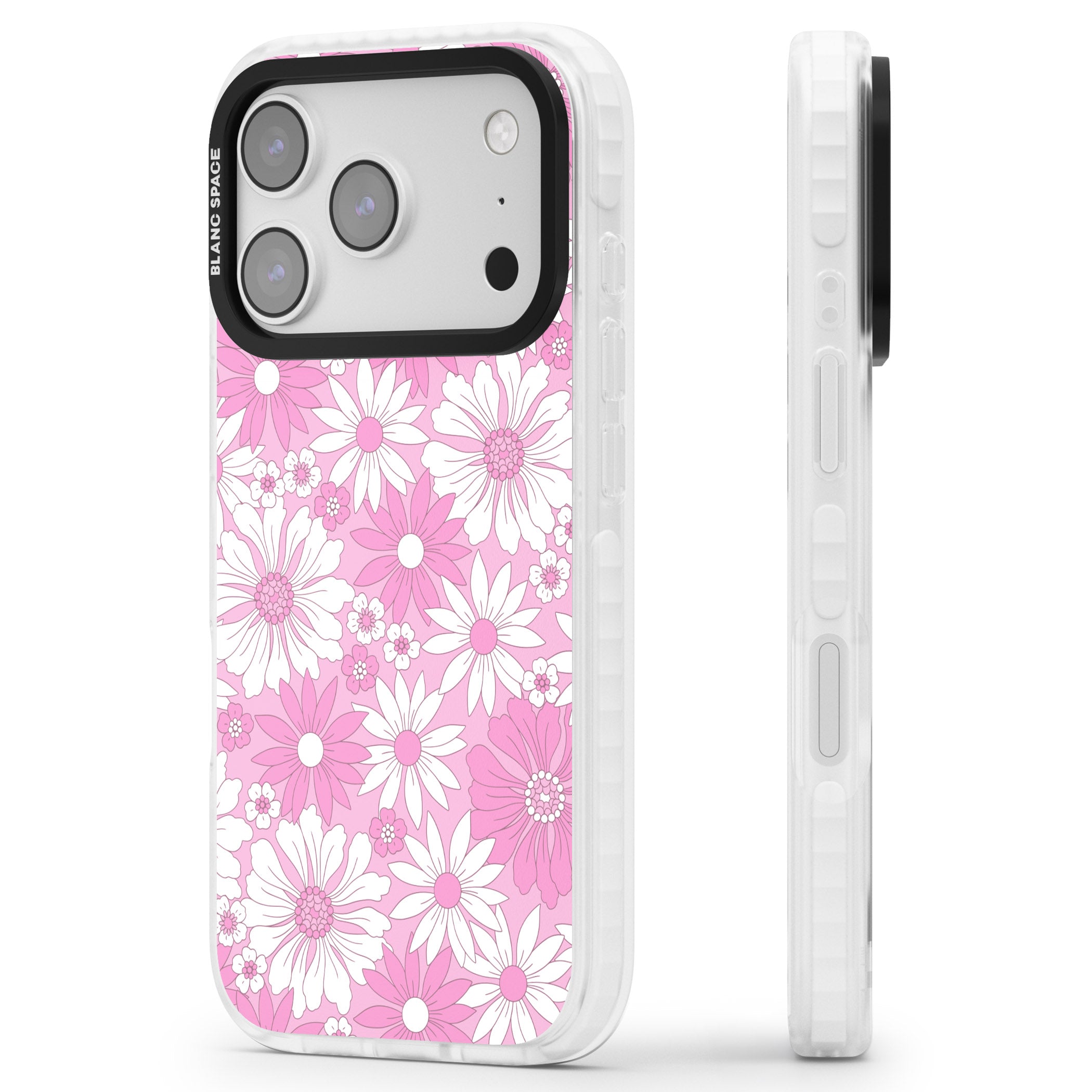 Pink White Flowers iPhone 17 Pro Impact Clear Phone Case Side Profile