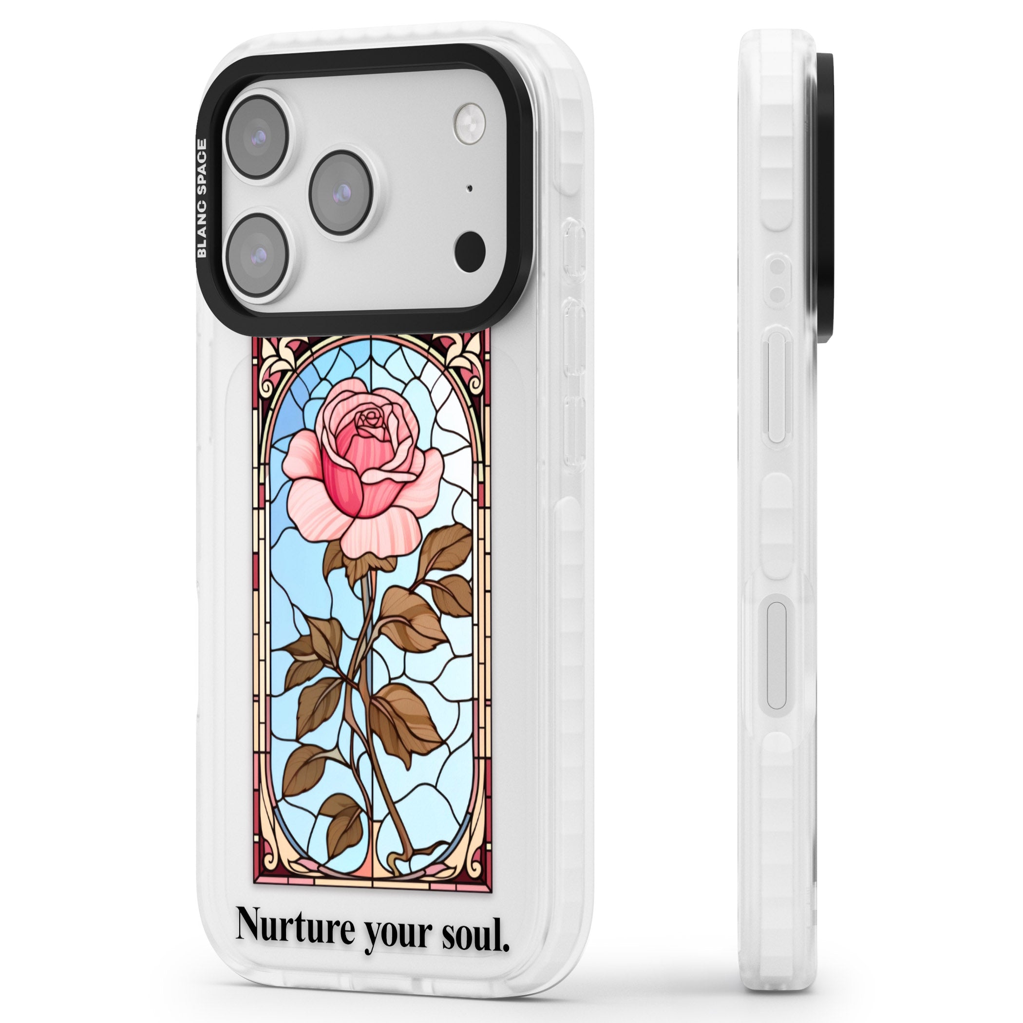 Nurture Your Soul iPhone 17 Pro Impact Clear Phone Case Side Profile