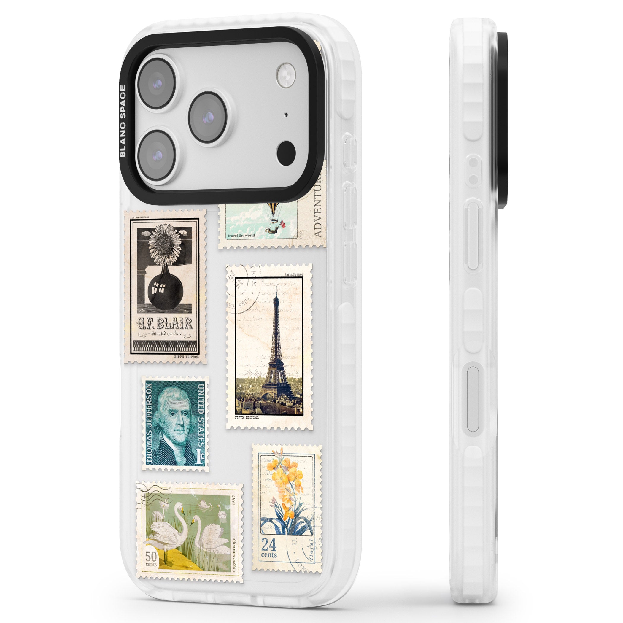 Vintage Stamps iPhone 17 Pro Impact Clear Phone Case Side Profile