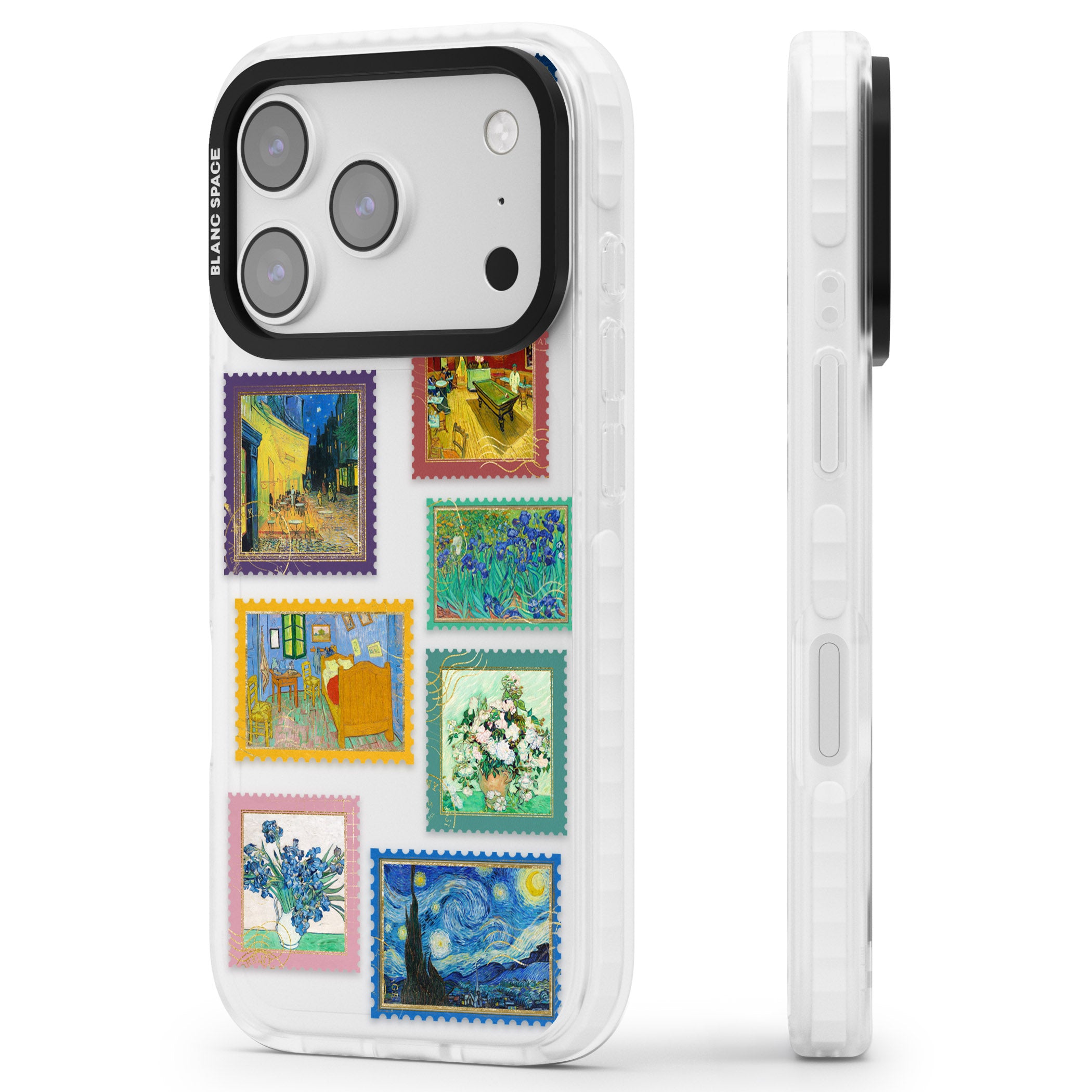 Colourful Vintage Art Stamps iPhone 17 Pro Impact Clear Phone Case Side Profile