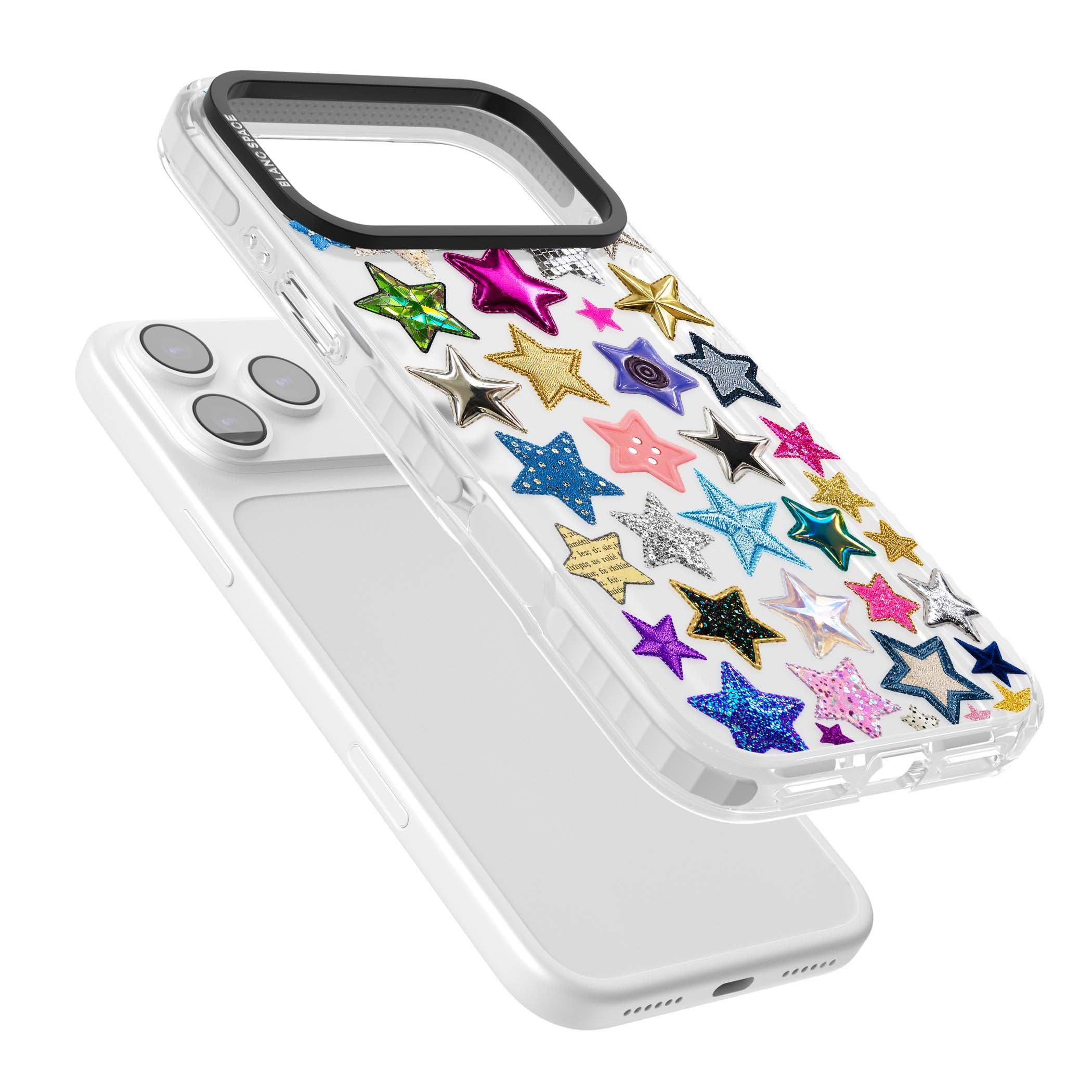 Crafty Star Mix Y2K iPhone case featuring embroidered, sequinned and glitter star patches in rainbow colours | Black Impact case for iPhone 17 Pro, iPhone 17 Pro Max