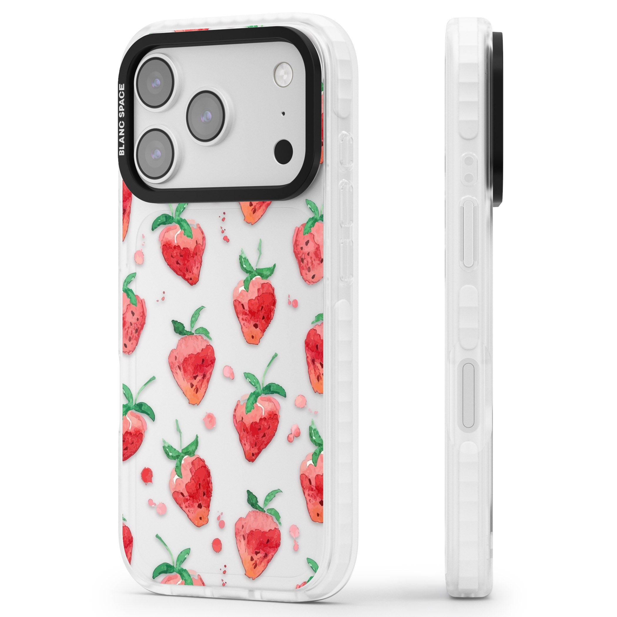 Strawberry Watercolour iPhone 17 Pro Max Impact Clear Phone Case Side Profile